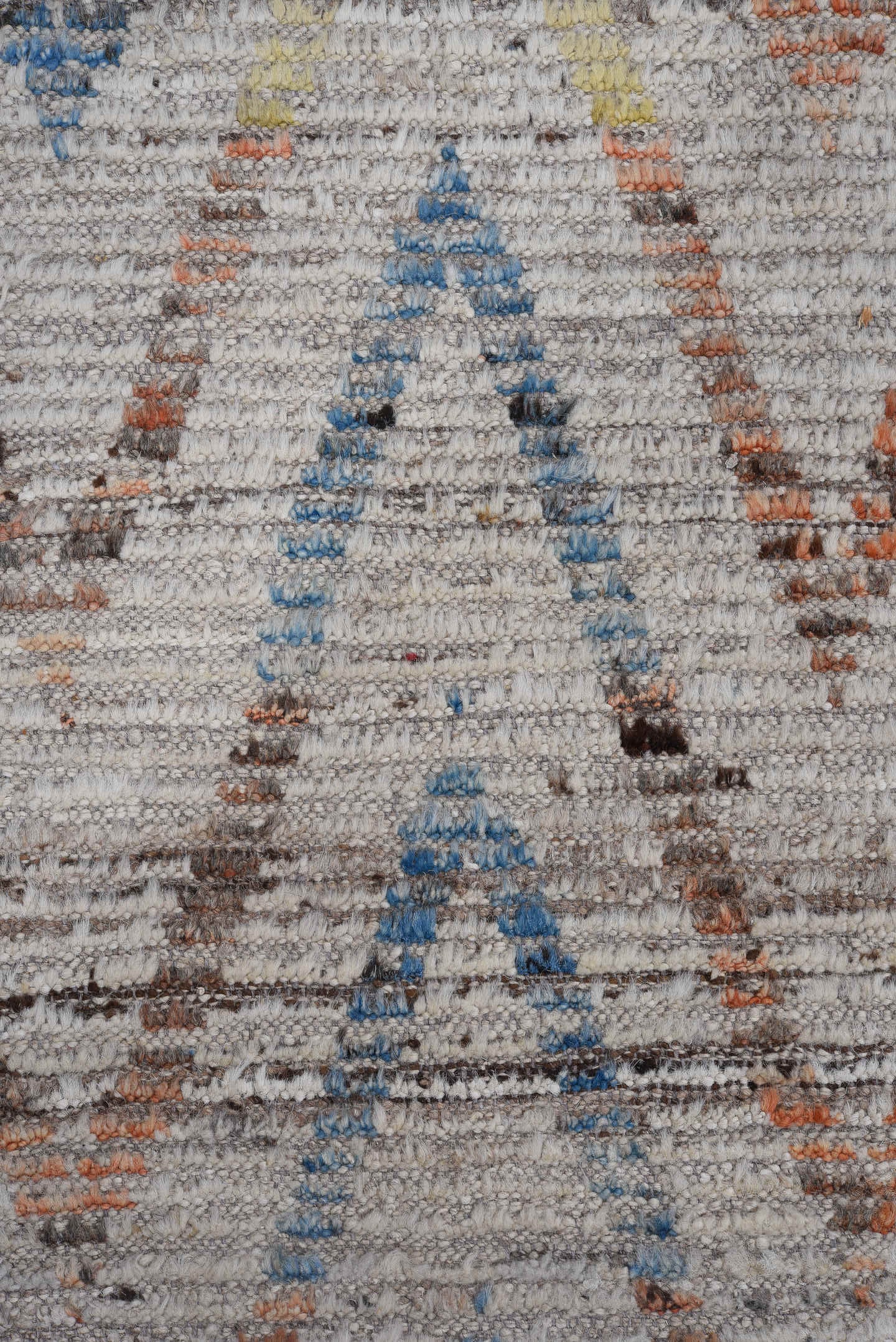 13' x 14' one-of-a-kind handmade vintage Tulu oversize rug. Color palette: ivory, sky blue, coral, yellow, taupe, brown