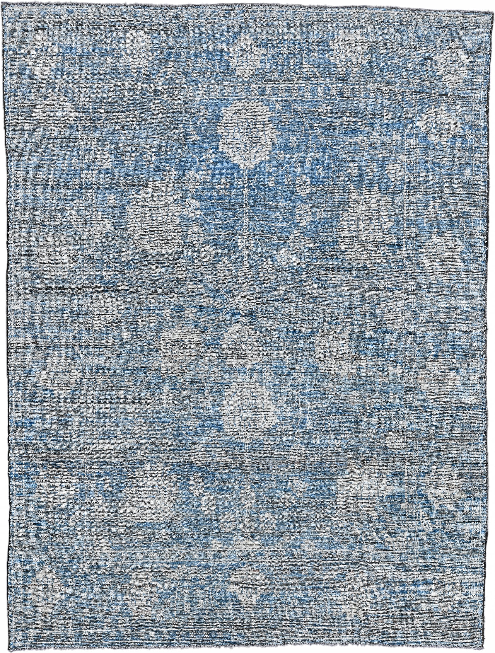 8' x 11' one-of-a-kind handmade vintage Tulu large size rug. Color palette: sky blue, ivory, slate, silver, charcoal