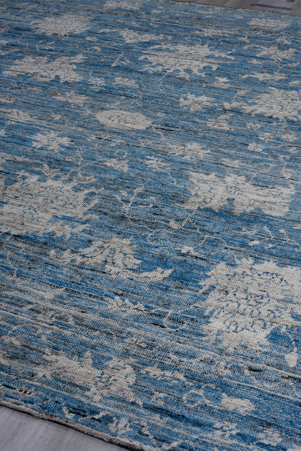 9' x 11' one-of-a-kind handmade vintage Oushak large size rug. Color palette: blue, ivory, slate, charcoal, gray, black