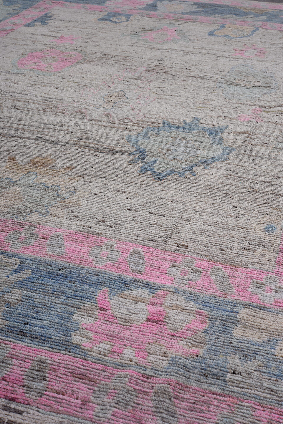 10' x 13' one-of-a-kind handmade vintage Oushak large size rug. Color palette: gray, powder blue, blush pink, ivory, taupe