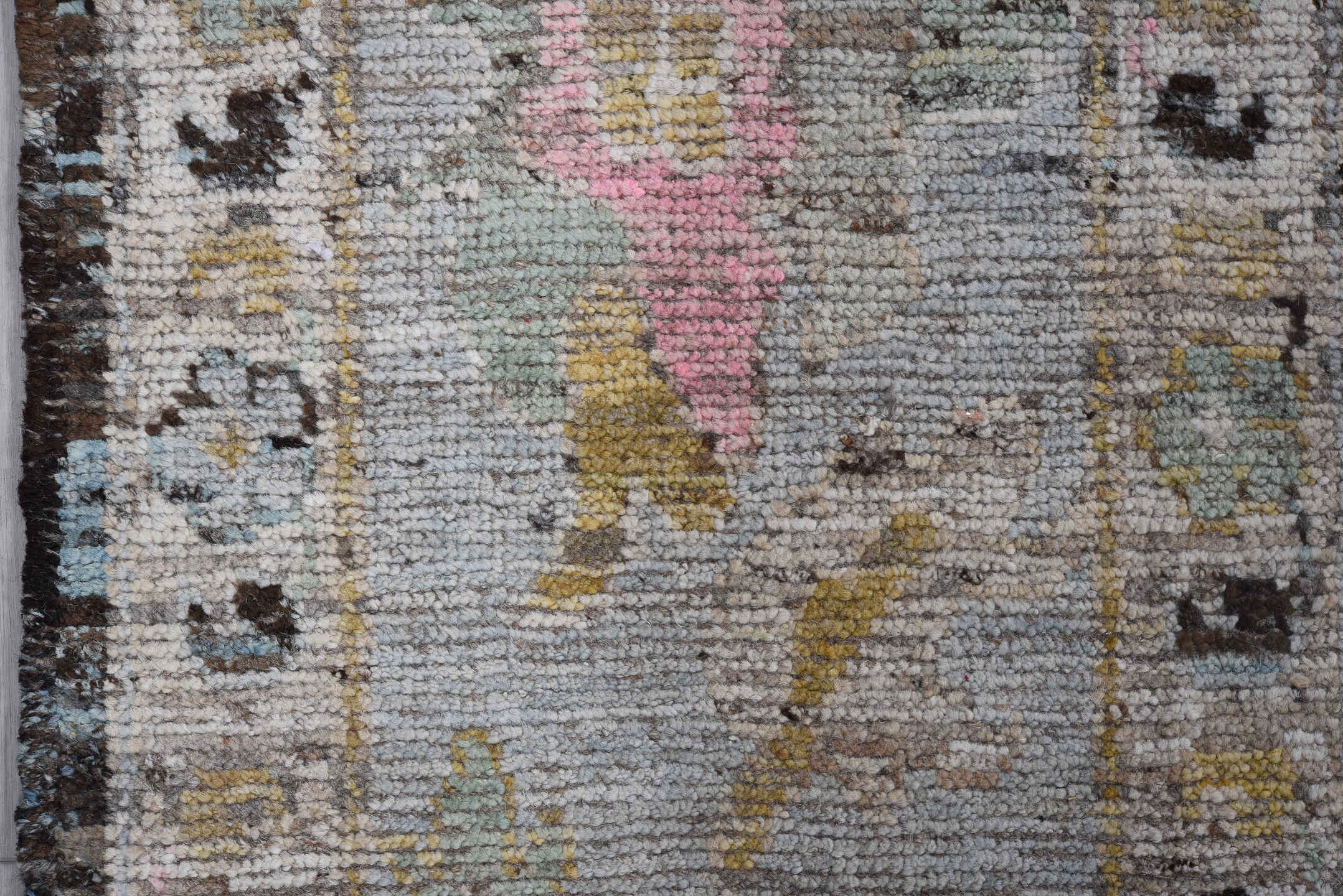 9' x 12' one-of-a-kind handmade vintage Oushak large size rug. Color palette: charcoal, ivory, gold, pink, pale blue, taupe