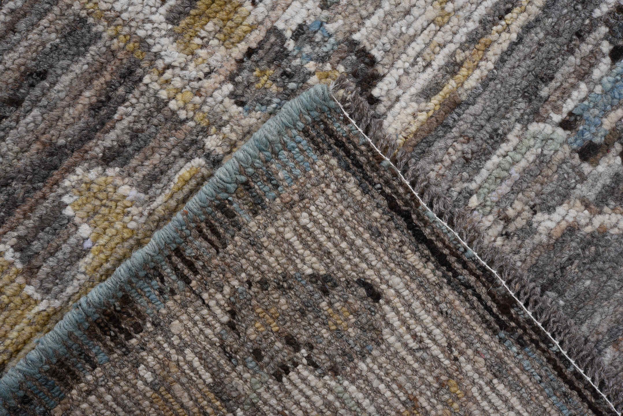 9' x 12' one-of-a-kind handmade vintage Oushak large size rug. Color palette: charcoal, ivory, gold, pink, pale blue, taupe