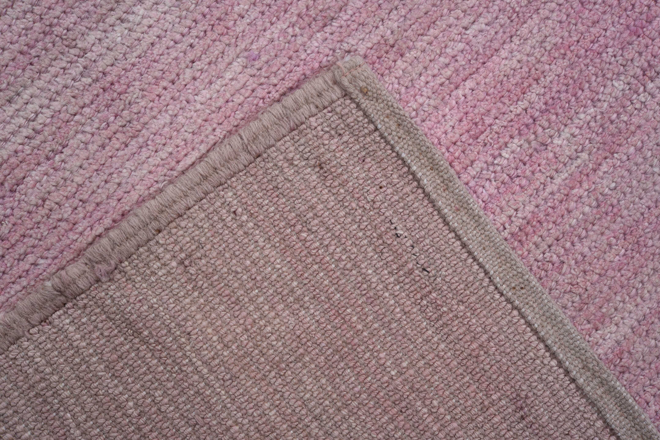 9' x 12' one-of-a-kind handmade vintage Tulu large size rug. Color palette: blush, rose, ivory, taupe, pink, red, beige