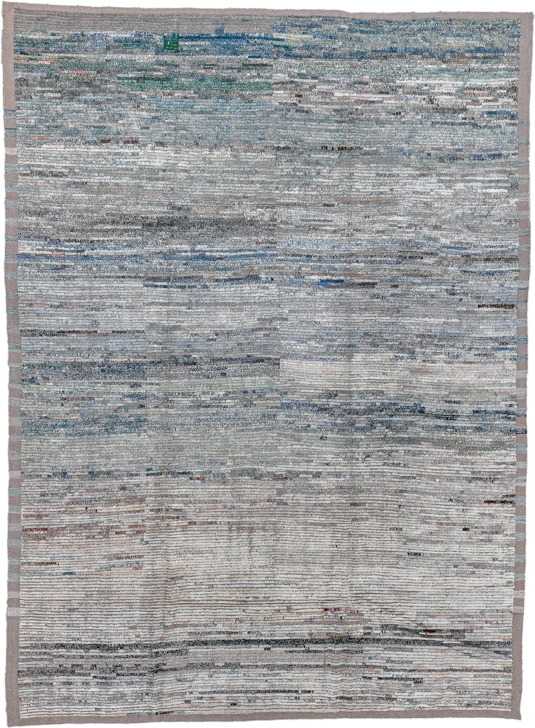 10' x 14' one-of-a-kind handmade vintage Tulu large size rug. Color palette: gray, ivory, slate, blue, taupe, charcoal, sage