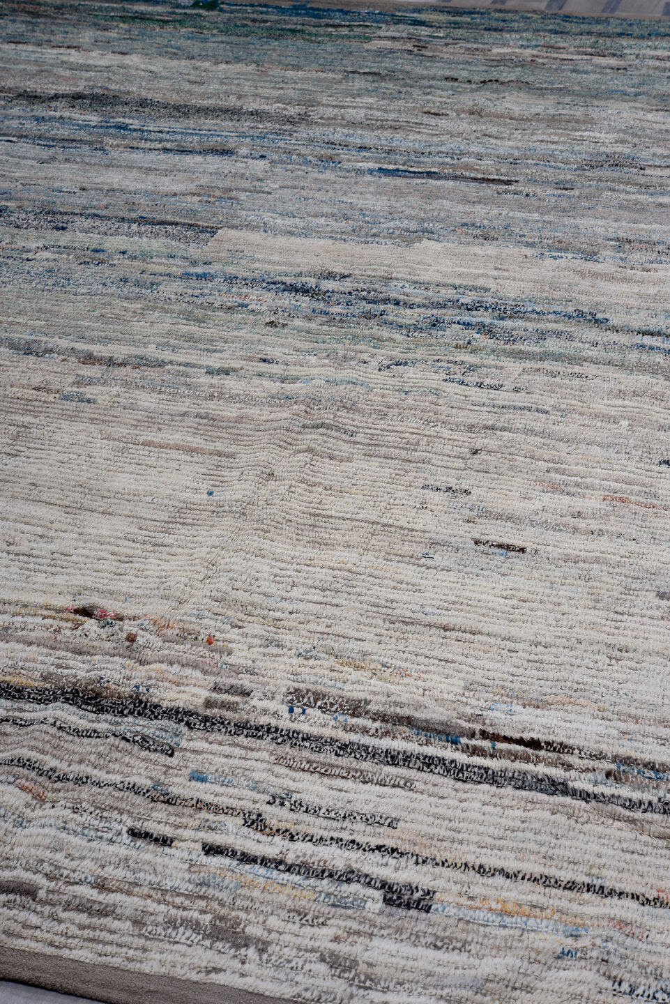 10' x 14' one-of-a-kind handmade vintage Tulu large size rug. Color palette: gray, ivory, slate, blue, taupe, charcoal, sage