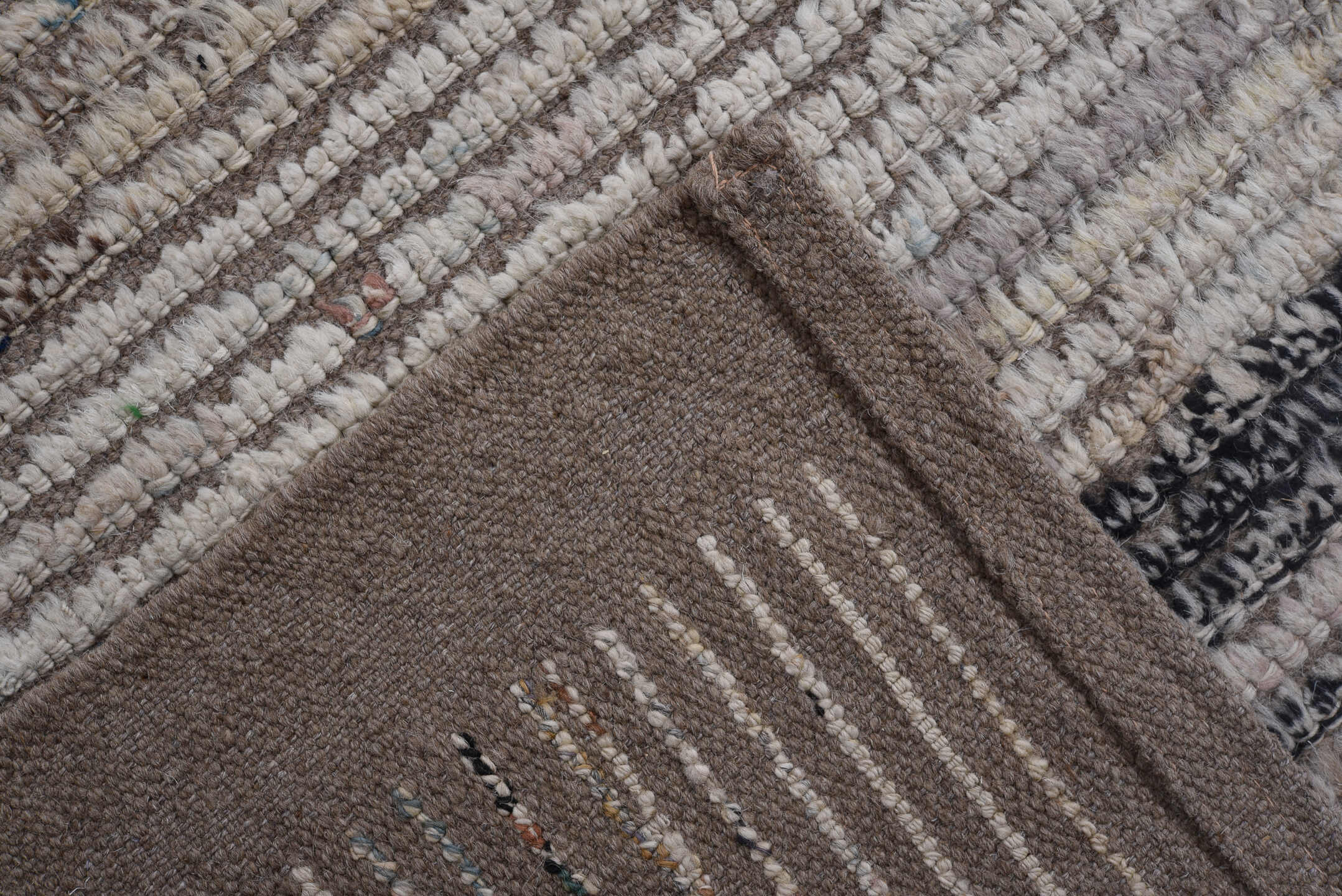 10' x 14' one-of-a-kind handmade vintage Tulu large size rug. Color palette: gray, ivory, slate, blue, taupe, charcoal, sage