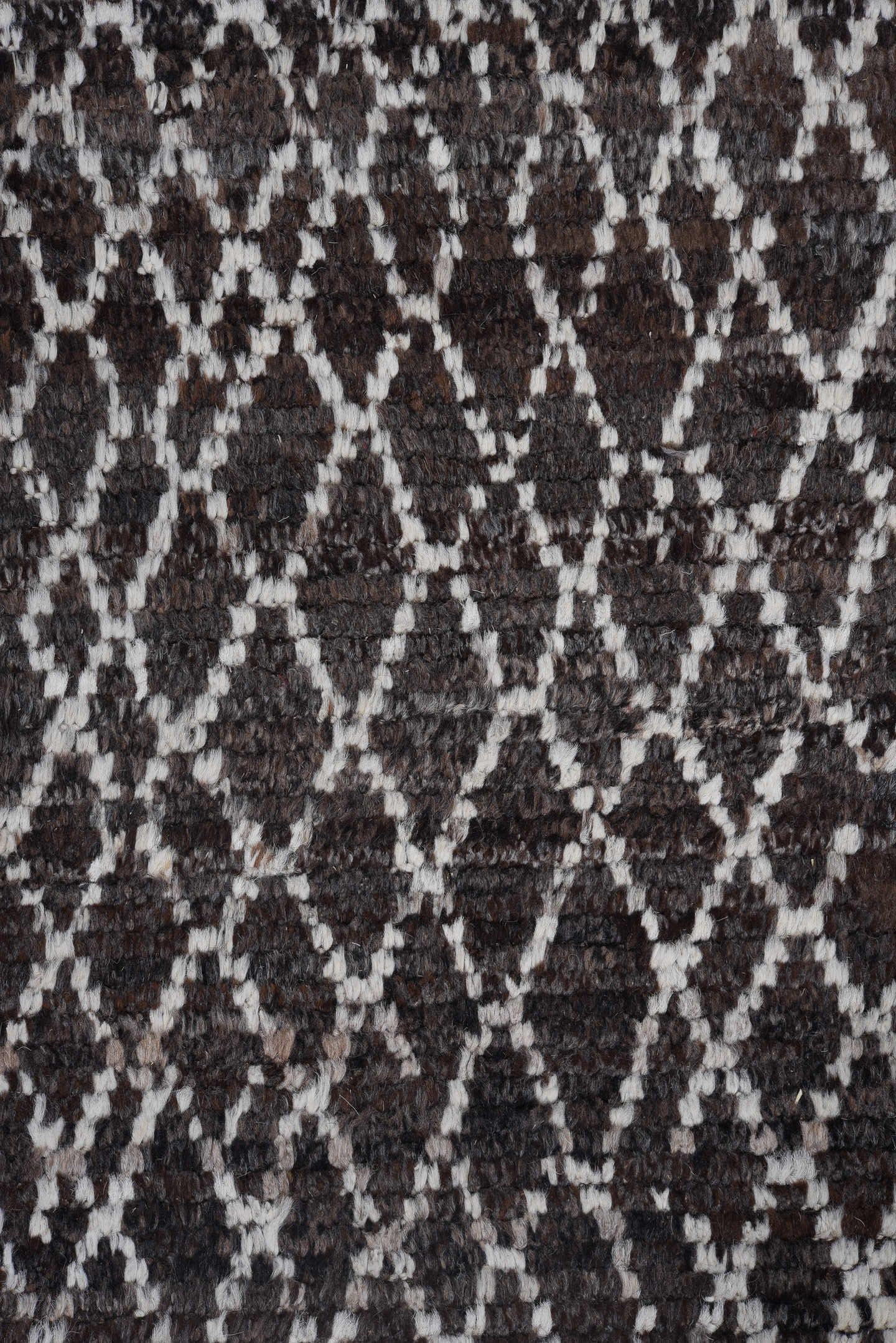 10' x 13' one-of-a-kind handmade vintage Tulu large size rug. Color palette: brown, ivory, charcoal, taupe, gray, black