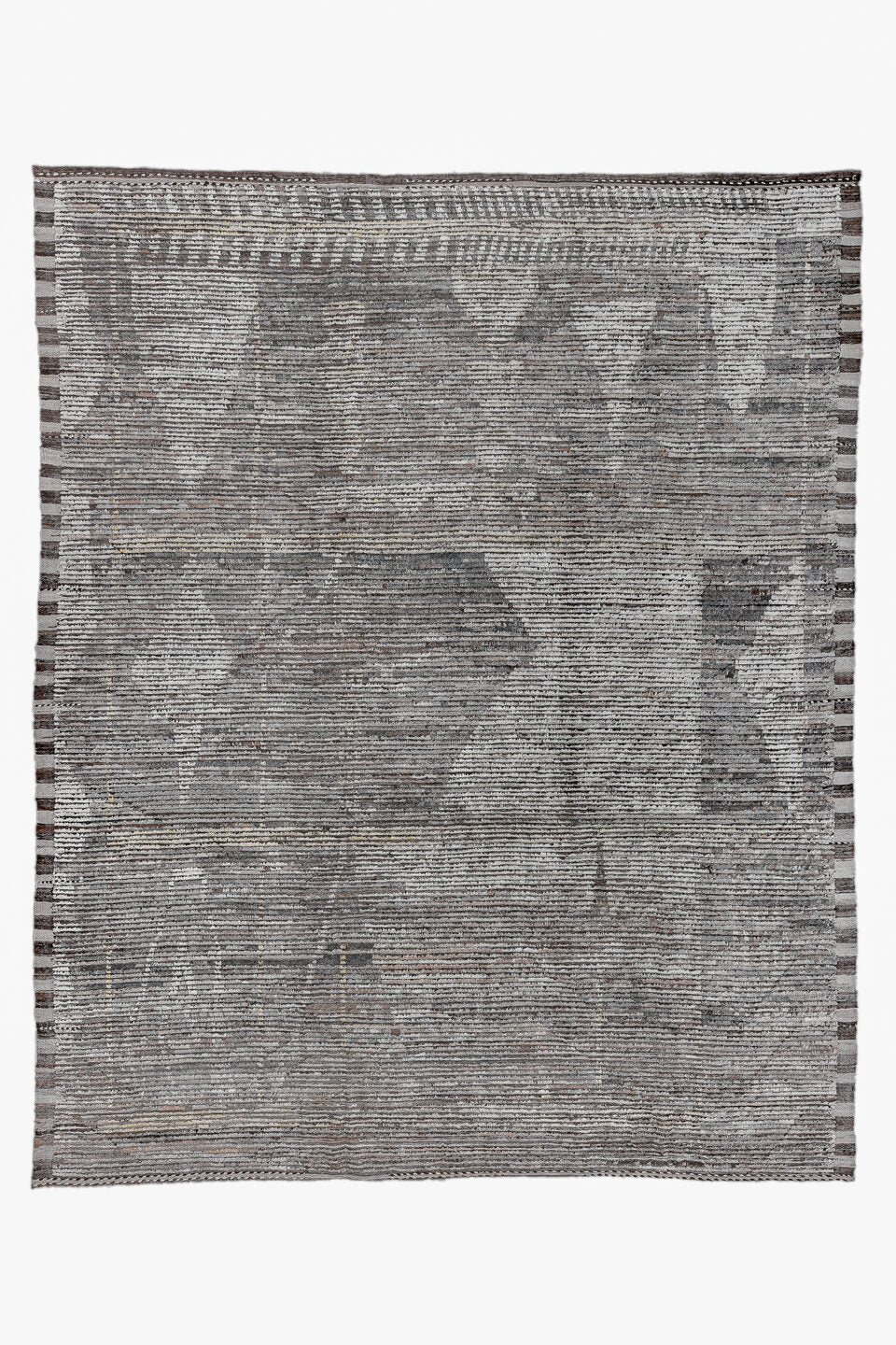 10' x 13' one-of-a-kind handmade vintage Tulu large size rug. Color palette: black, charcoal, dark gray, dim gray, gainsboro