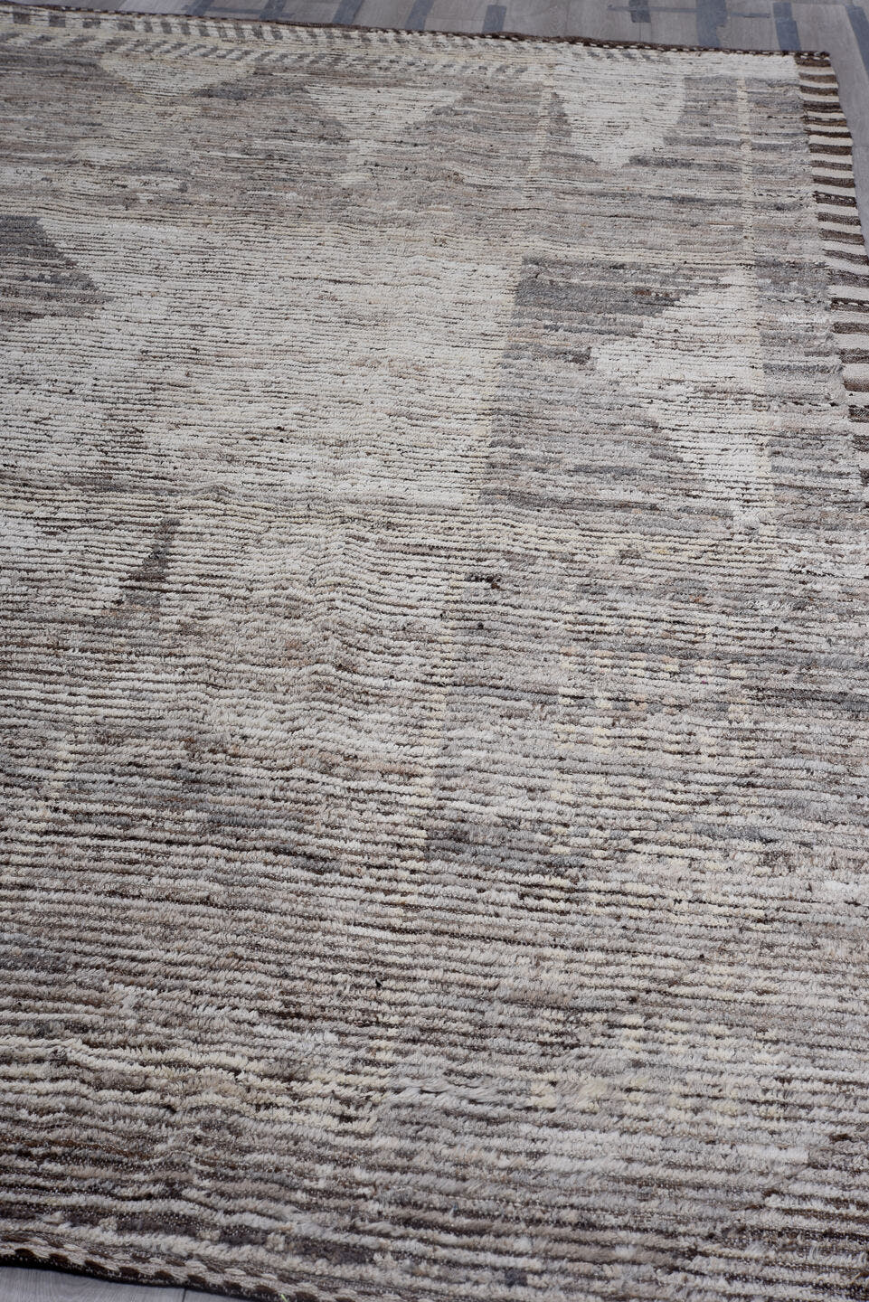 10' x 13' one-of-a-kind handmade vintage Tulu large size rug. Color palette: gray, ivory, taupe, charcoal, greige, beige