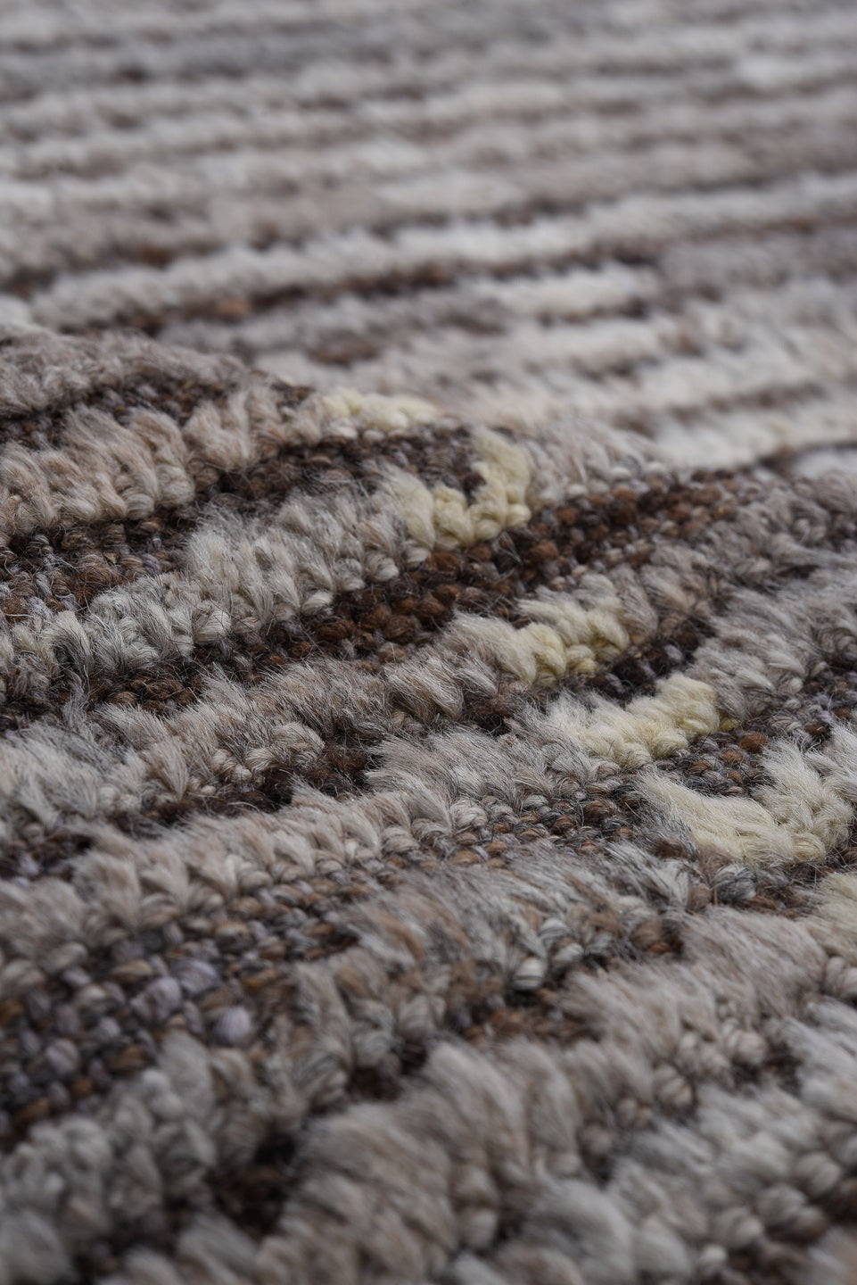 10' x 13' one-of-a-kind handmade vintage Tulu large size rug. Color palette: gray, ivory, taupe, charcoal, greige, beige