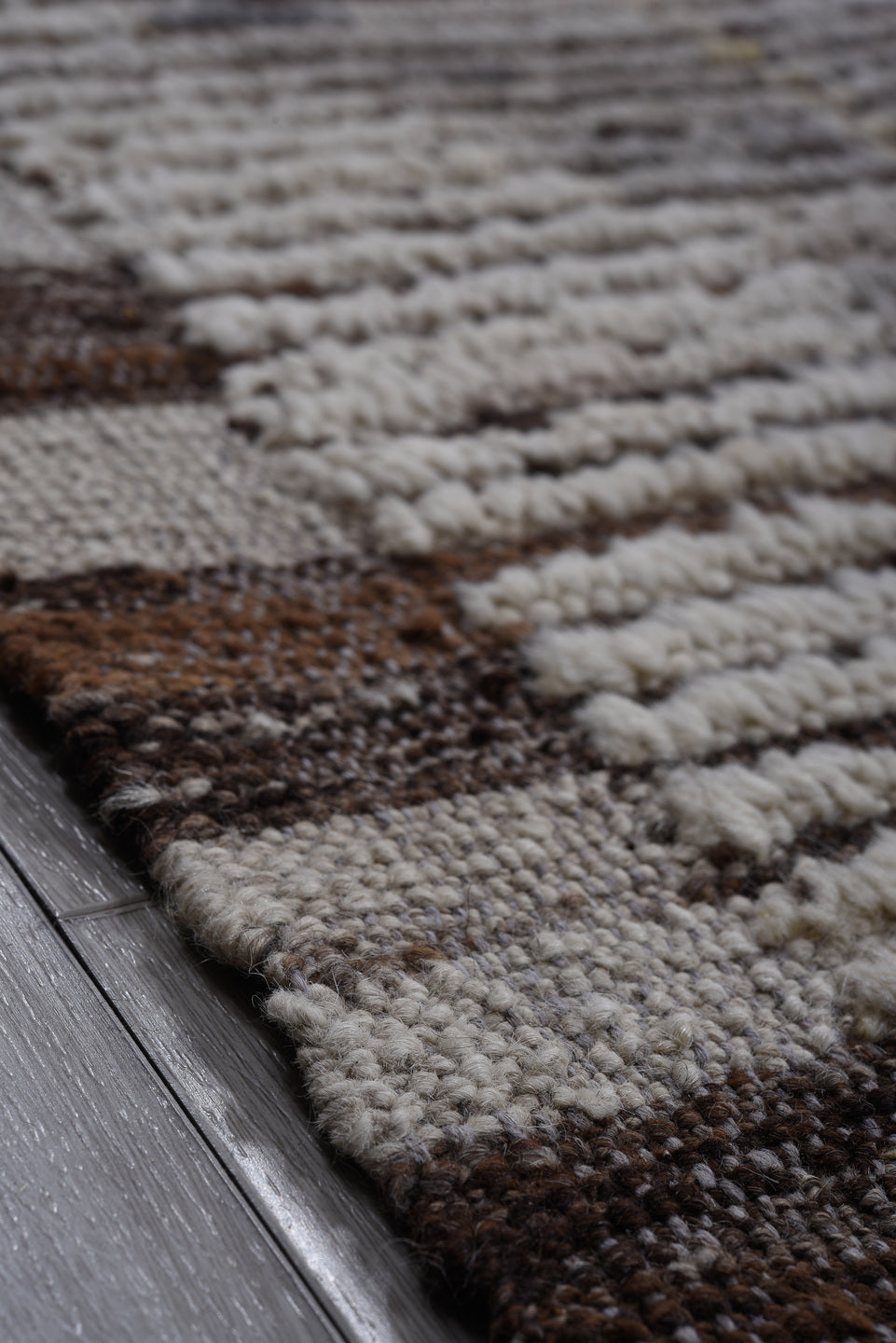 10' x 13' one-of-a-kind handmade vintage Tulu large size rug. Color palette: gray, ivory, taupe, charcoal, greige, beige