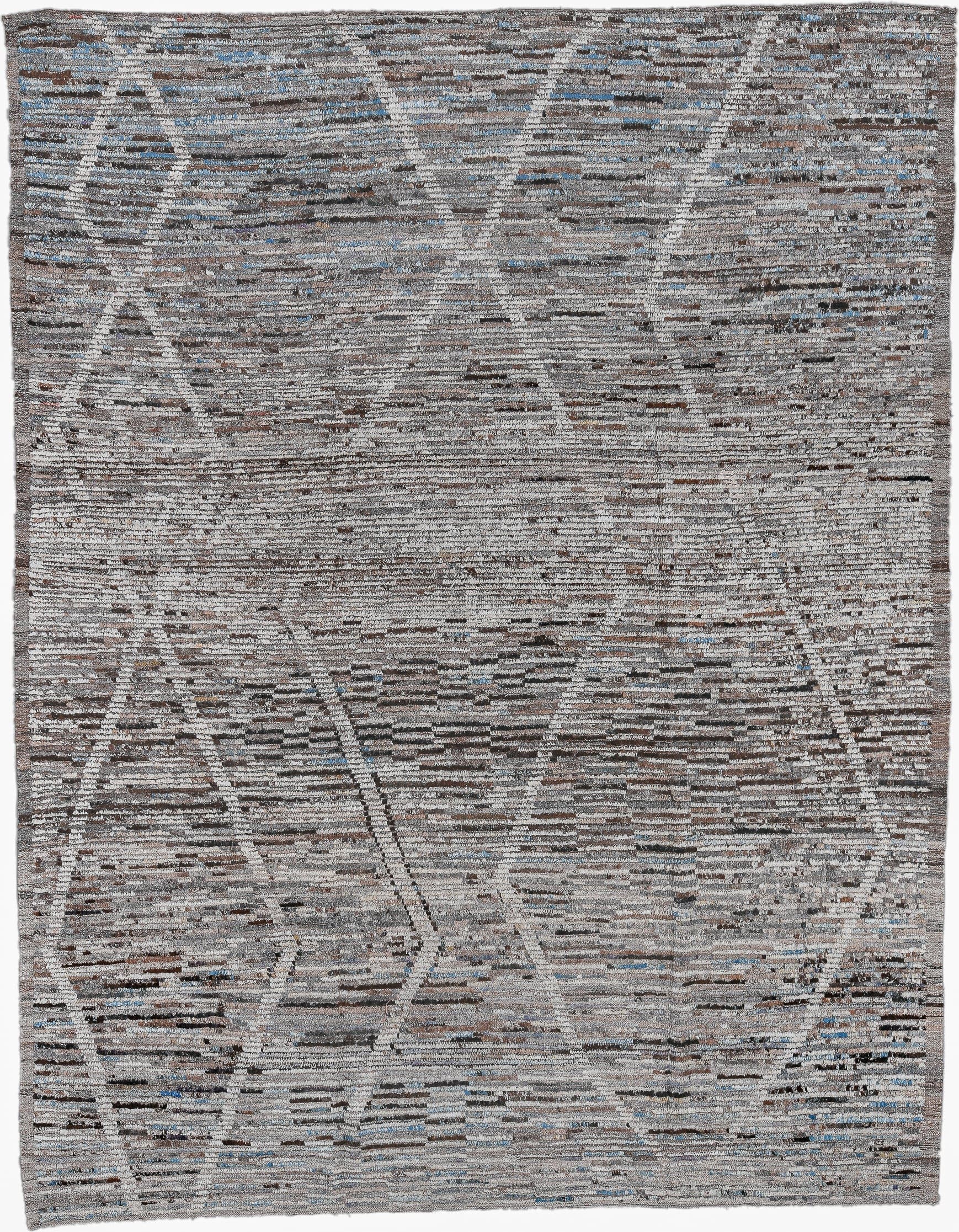 9' x 12' one-of-a-kind handmade vintage Tulu large size rug. Color palette: gray, ivory, taupe, charcoal, brown, sky blue