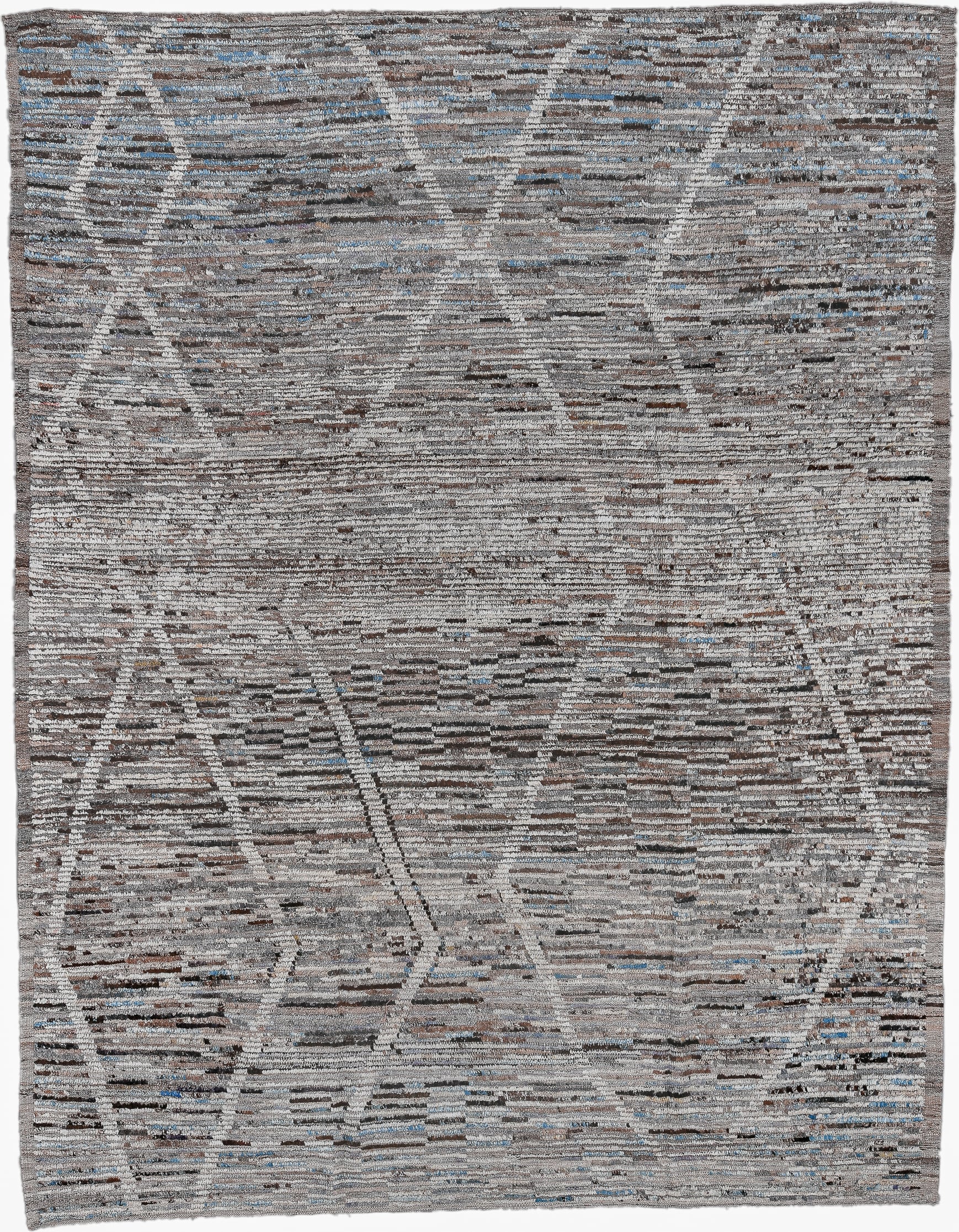 9' x 12' one-of-a-kind handmade vintage Tulu large size rug. Color palette: gray, ivory, taupe, charcoal, brown, sky blue