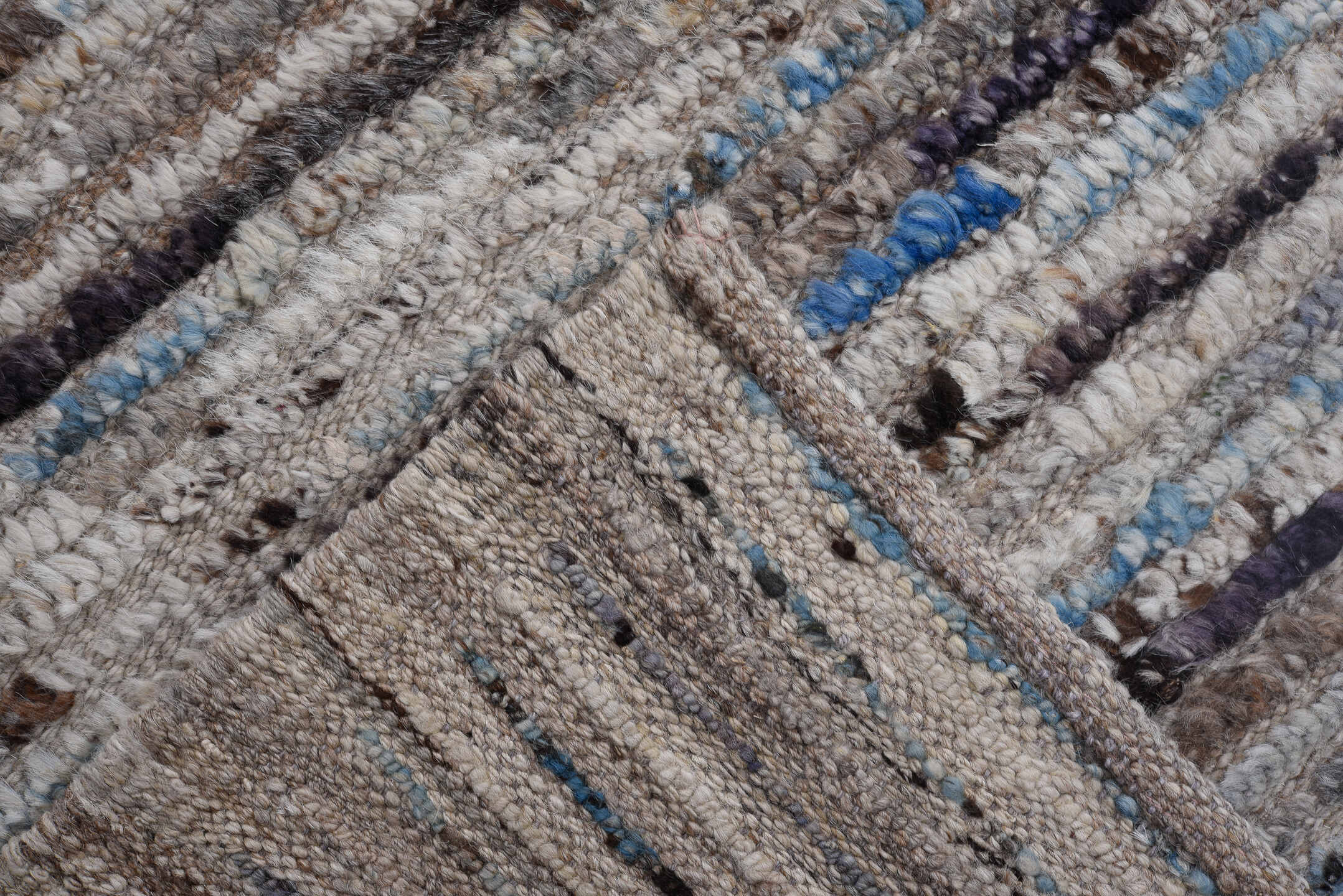 9' x 12' one-of-a-kind handmade vintage Tulu large size rug. Color palette: gray, ivory, taupe, charcoal, brown, sky blue