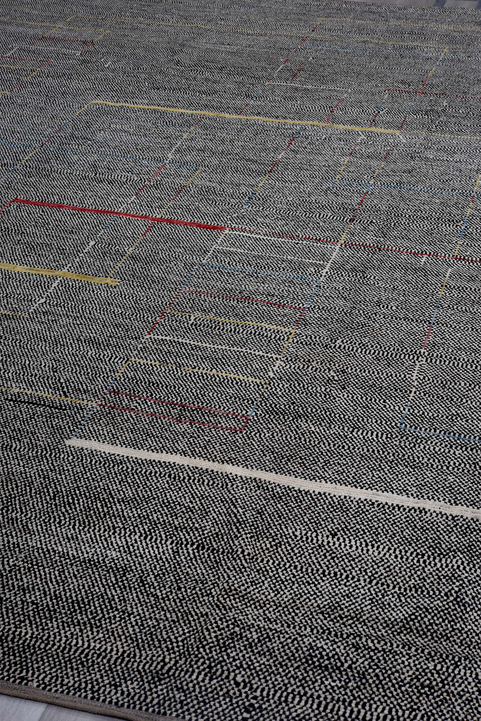 10' x 13' one-of-a-kind handmade vintage Tulu large size rug. Color palette: charcoal, ivory, gold, crimson, slate, taupe
