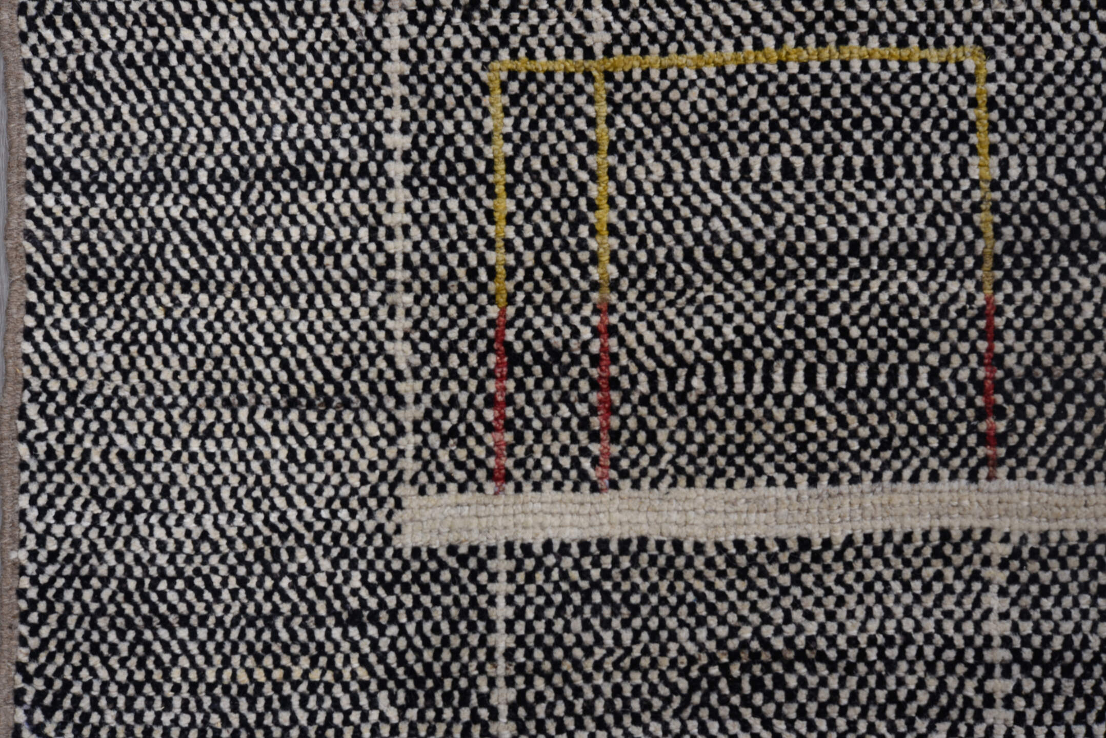 10' x 13' one-of-a-kind handmade vintage Tulu large size rug. Color palette: charcoal, ivory, gold, crimson, slate, taupe