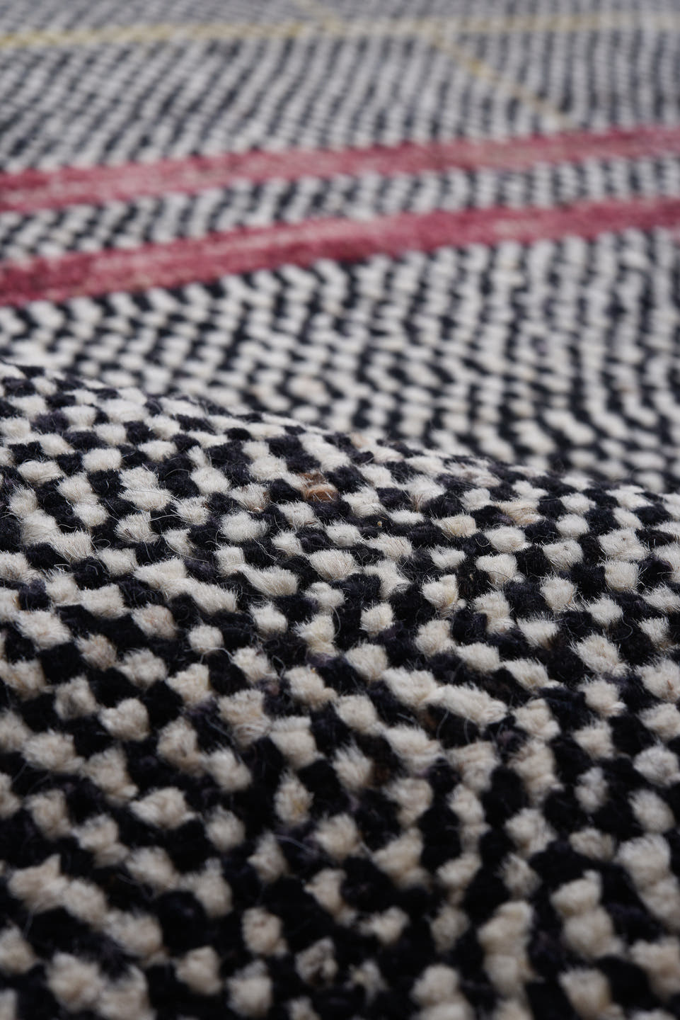 10' x 13' one-of-a-kind handmade vintage Tulu large size rug. Color palette: charcoal, ivory, gold, crimson, slate, taupe
