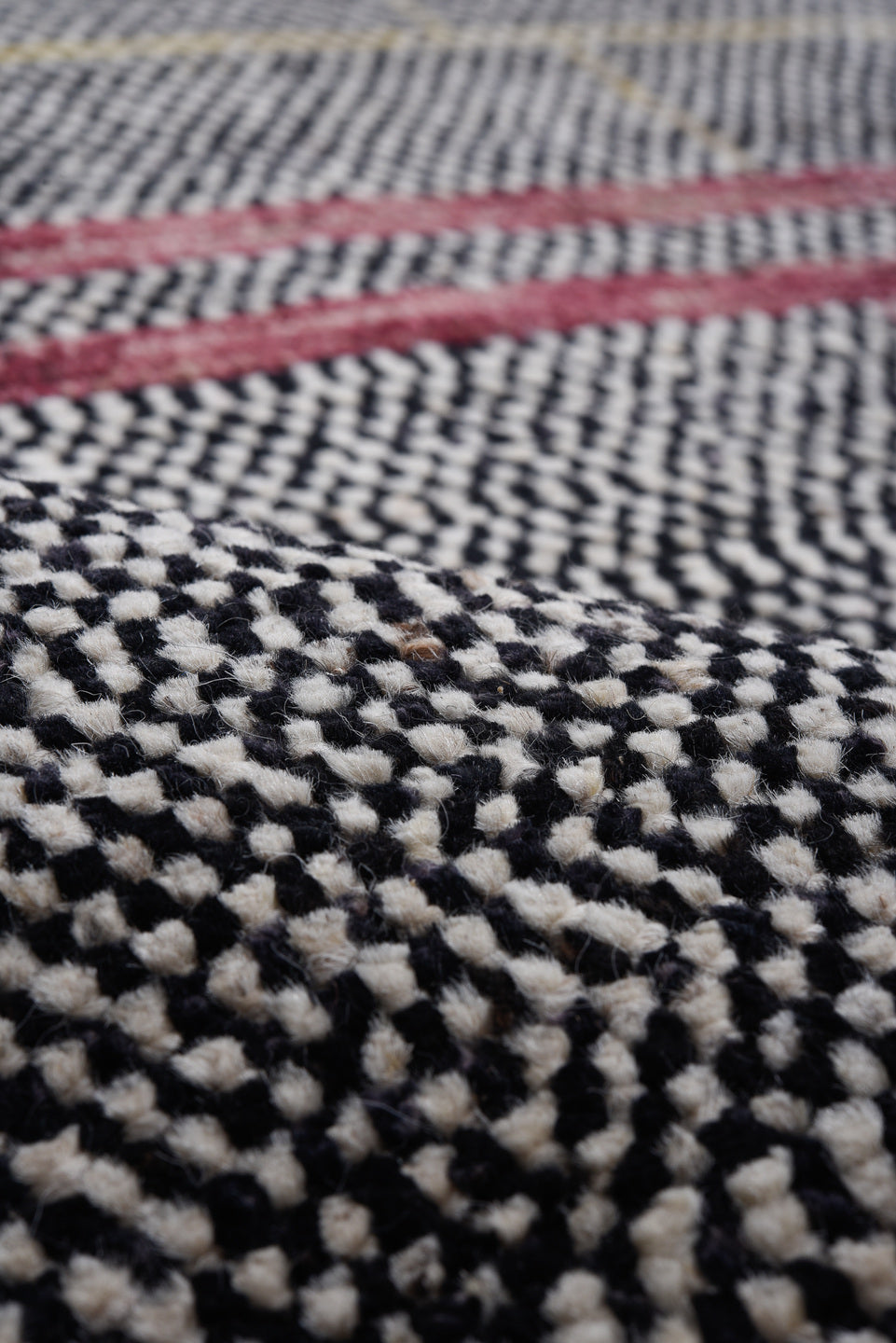 10' x 13' one-of-a-kind handmade vintage Tulu large size rug. Color palette: charcoal, ivory, gold, crimson, slate, taupe