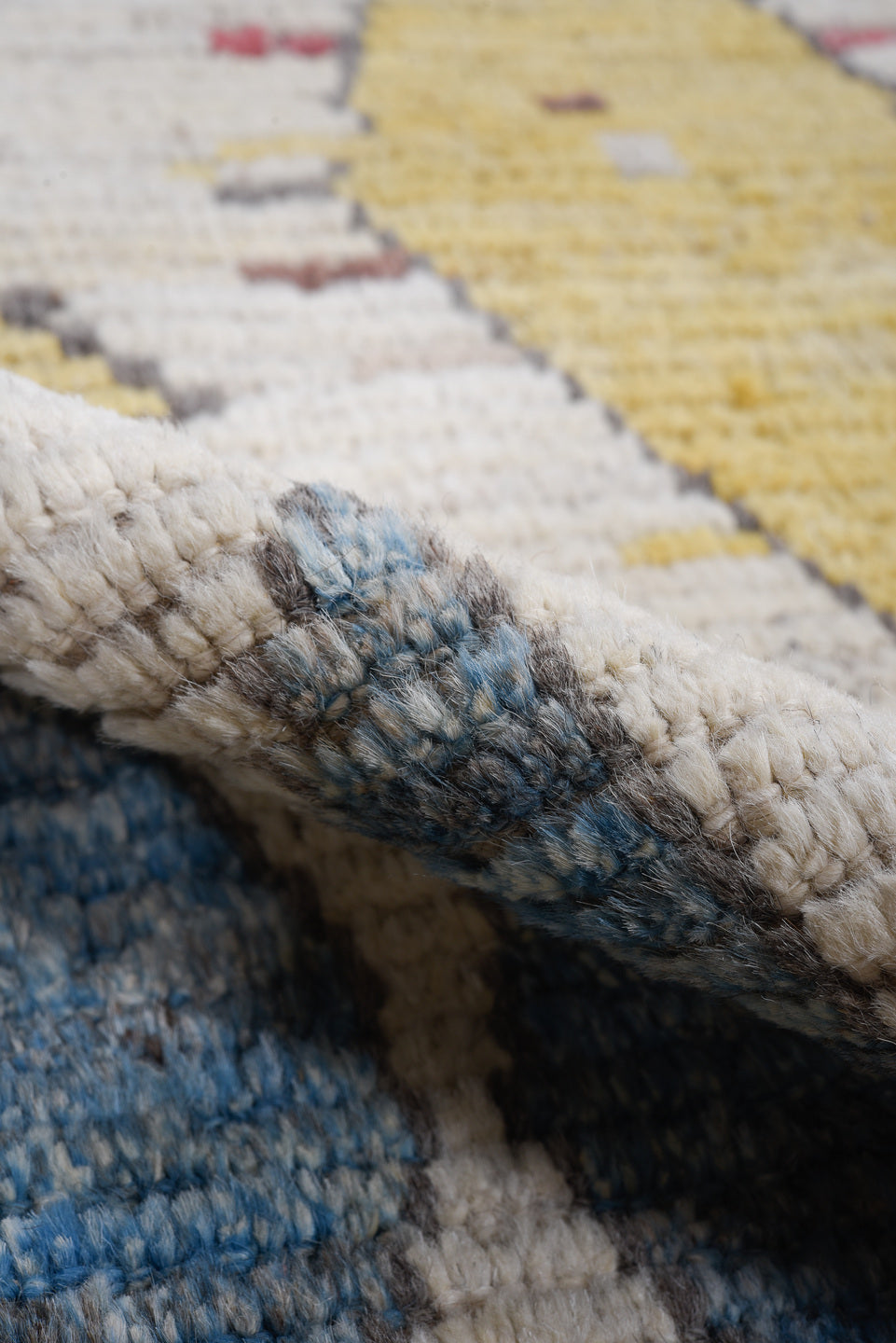 3' x 7' one-of-a-kind handmade vintage Tulu runner rug. Color palette: ivory, blue, gold, rose, black, taupe, pink, red