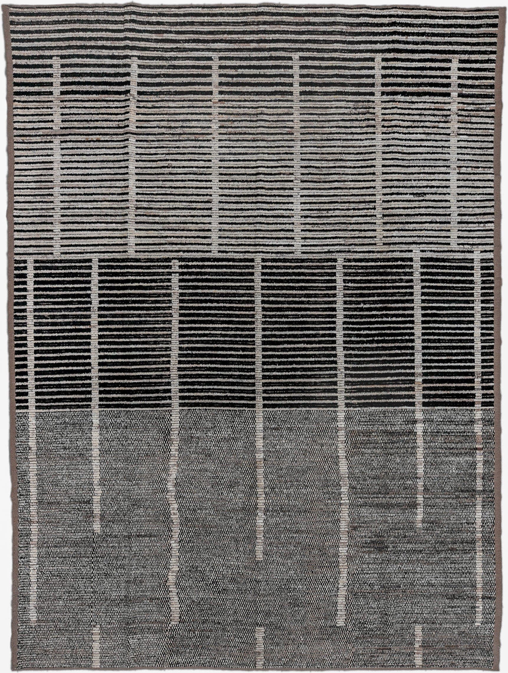 10' x 13' one-of-a-kind handmade vintage Tulu large size rug. Color palette: charcoal, ivory, gray, taupe, black, beige