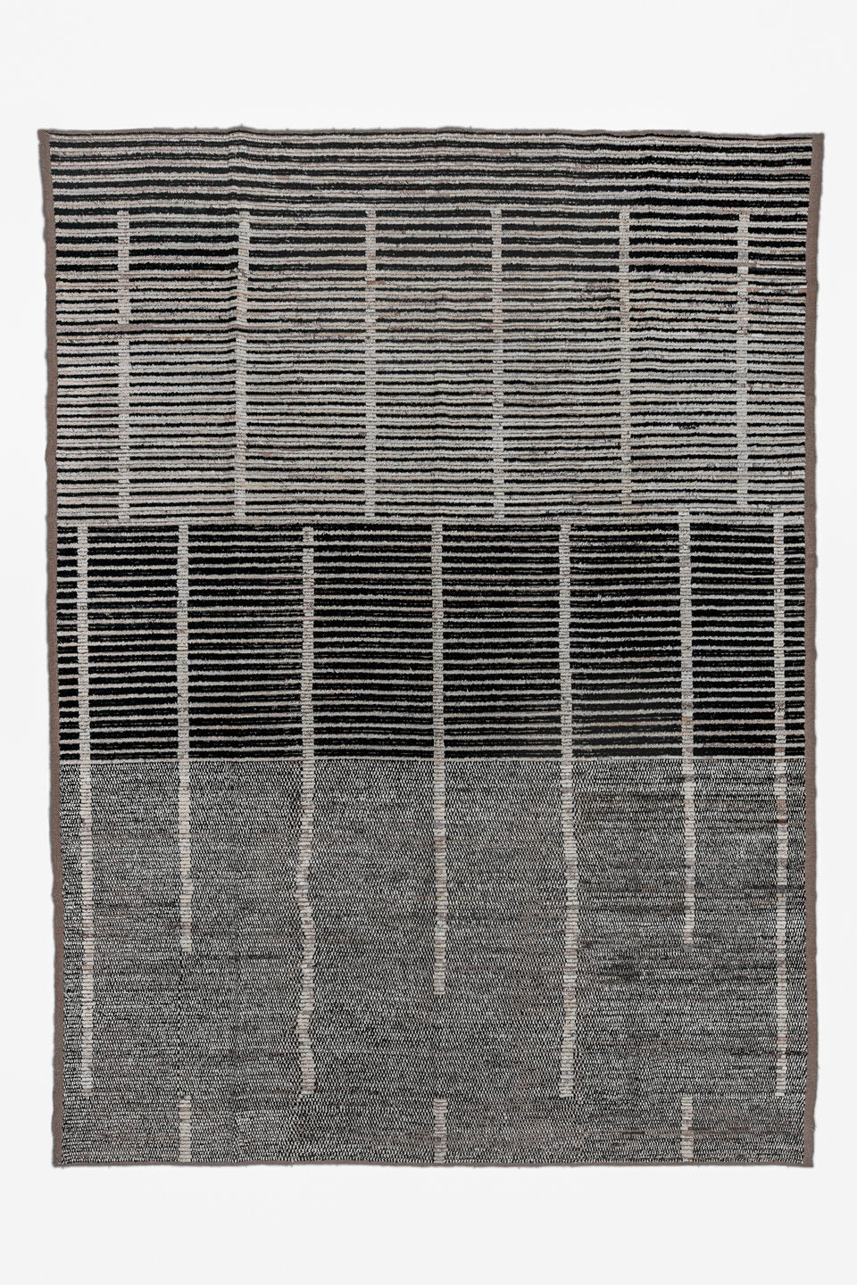 10' x 13' one-of-a-kind handmade vintage Tulu large size rug. Color palette: black, charcoal, dark gray, dim gray, gainsboro
