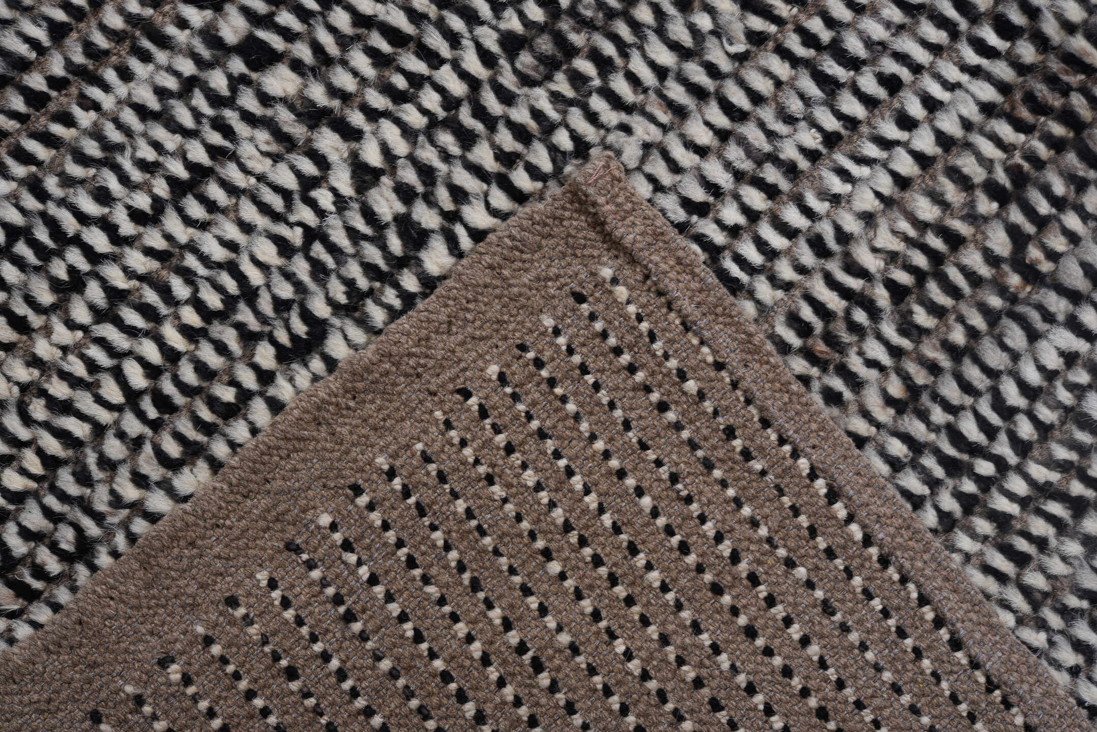 10' x 13' one-of-a-kind handmade vintage Tulu large size rug. Color palette: charcoal, ivory, gray, taupe, black, beige