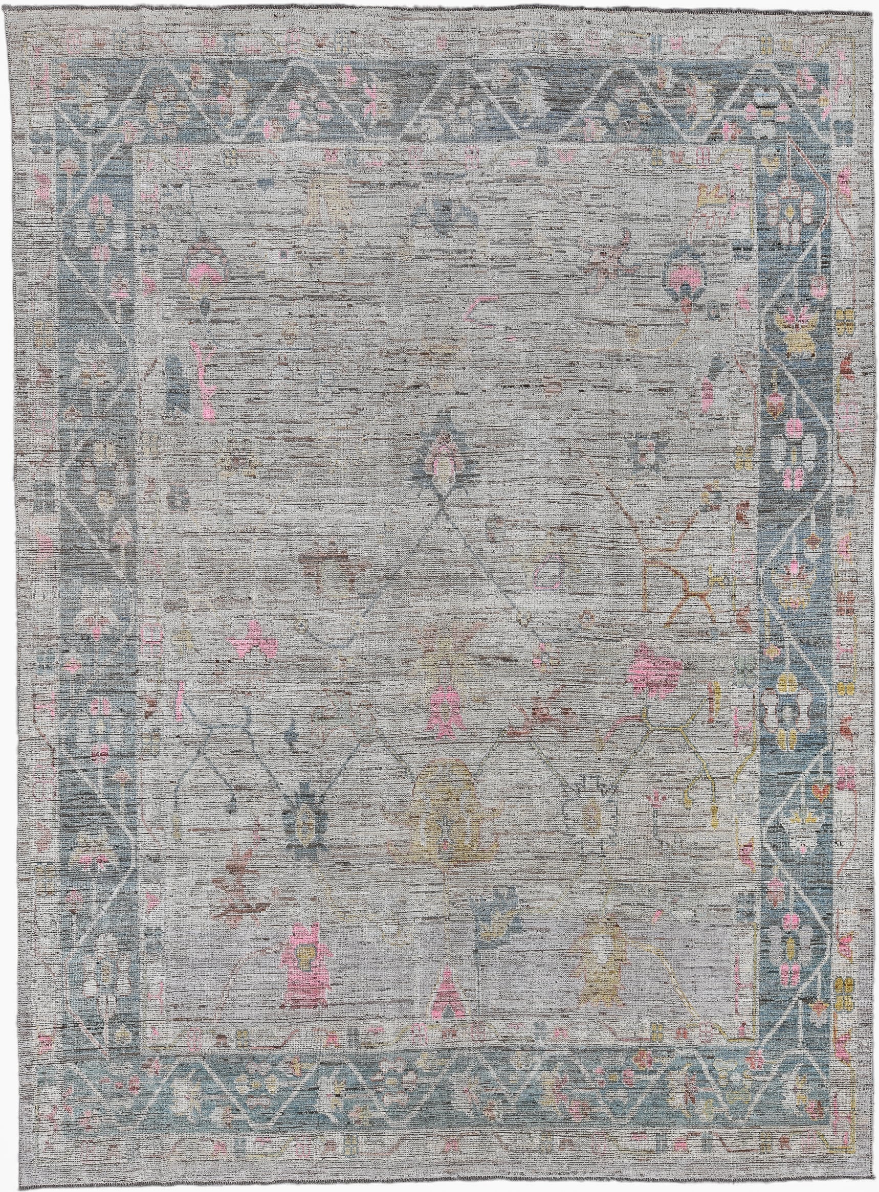 10' x 13' one-of-a-kind handmade vintage Oushak large size rug. Color palette: gray, slate, ivory, blush, gold, taupe, rose