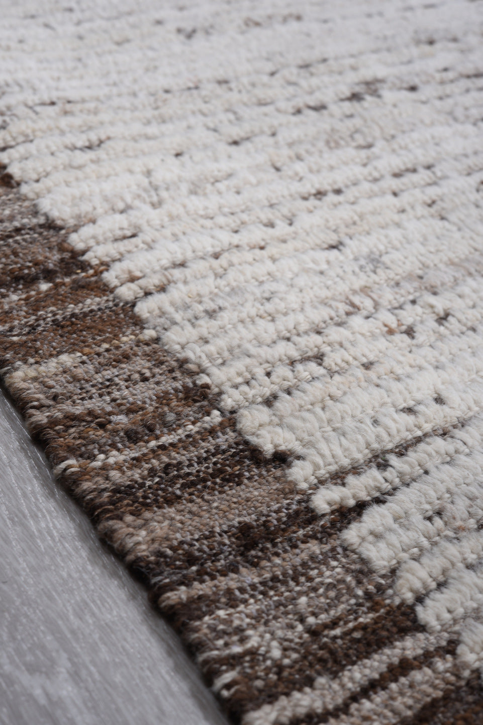 8' x 9' one-of-a-kind handmade vintage Tulu large size rug. Color palette: ivory, taupe, brown, charcoal, beige, gray, black