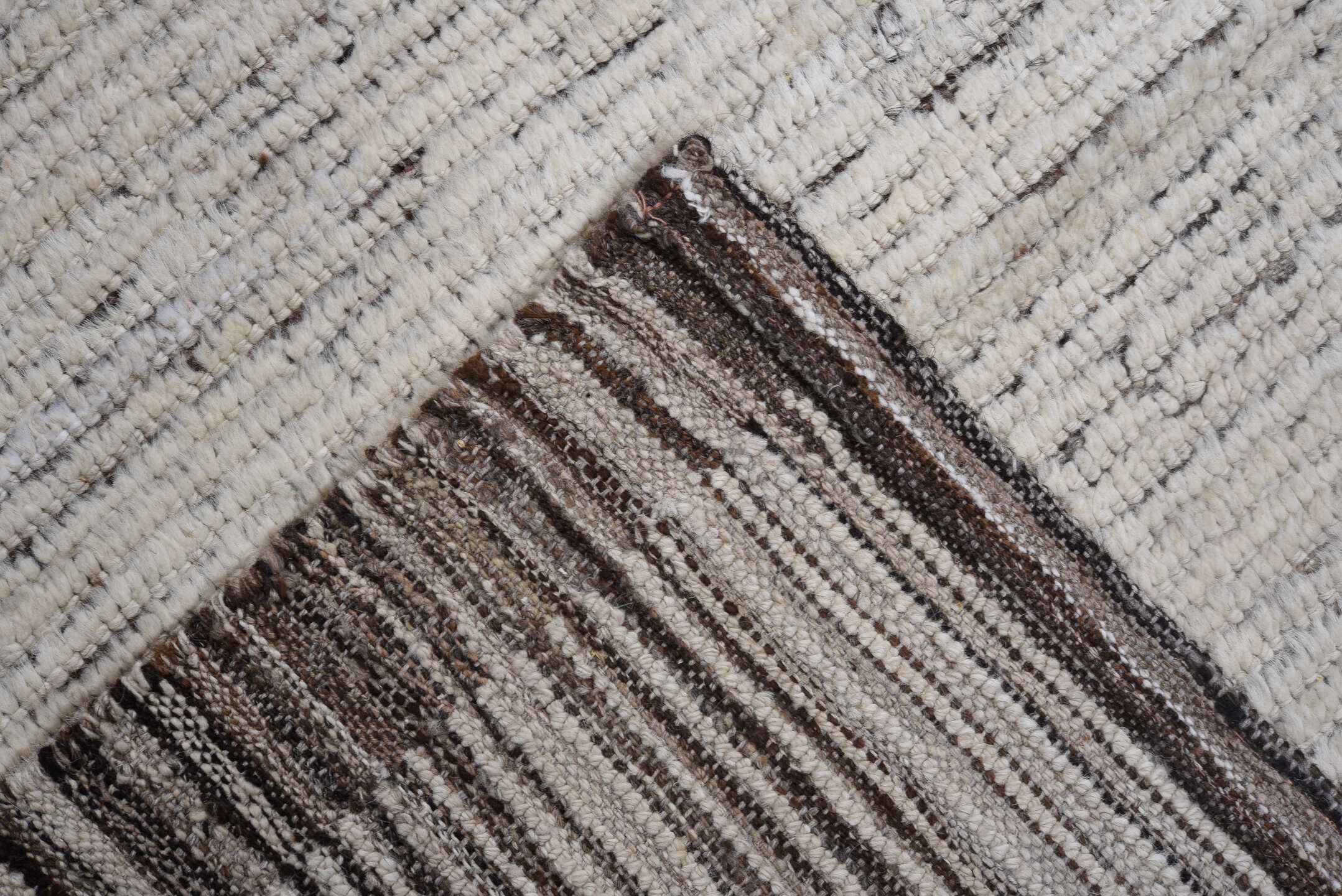 8' x 9' one-of-a-kind handmade vintage Tulu large size rug. Color palette: ivory, charcoal, taupe, brown, cream, gray, black