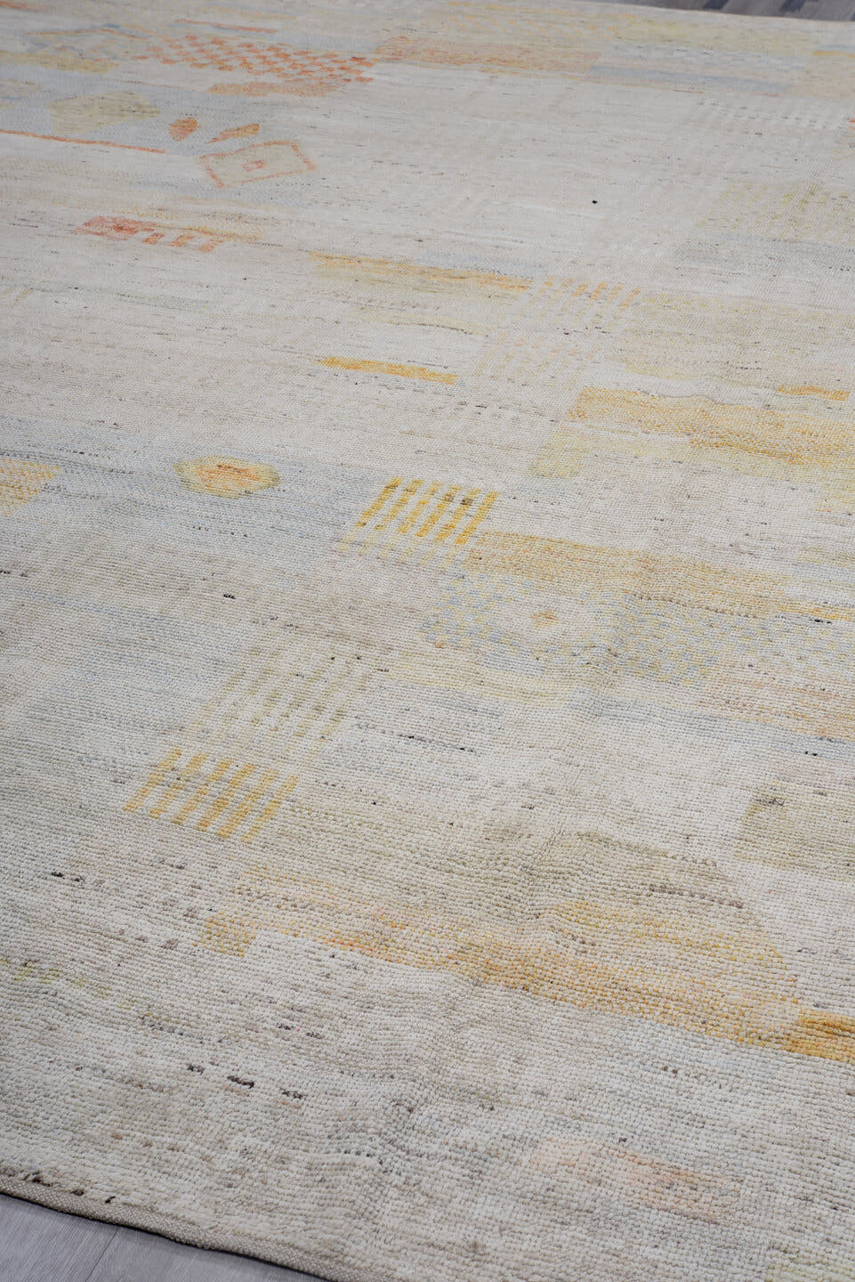 10' x 13' one-of-a-kind handmade vintage Tulu large size rug. Color palette: ivory, pale gray, cream, soft coral, saffron