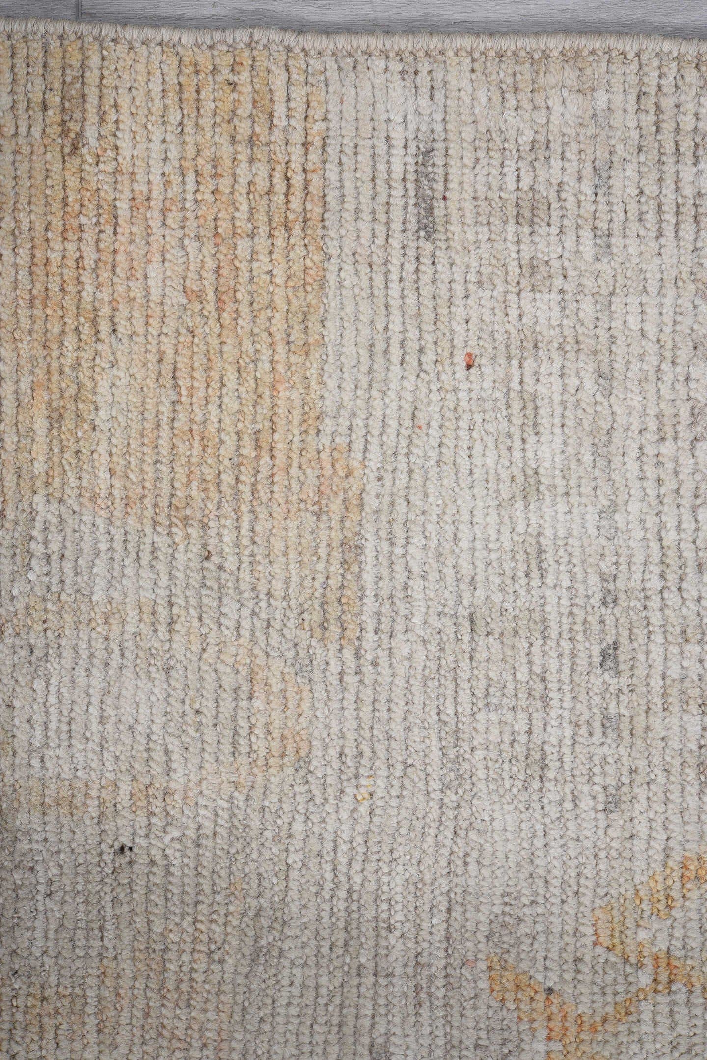 10' x 13' one-of-a-kind handmade vintage Tulu large size rug. Color palette: ivory, pale gray, cream, soft coral, saffron