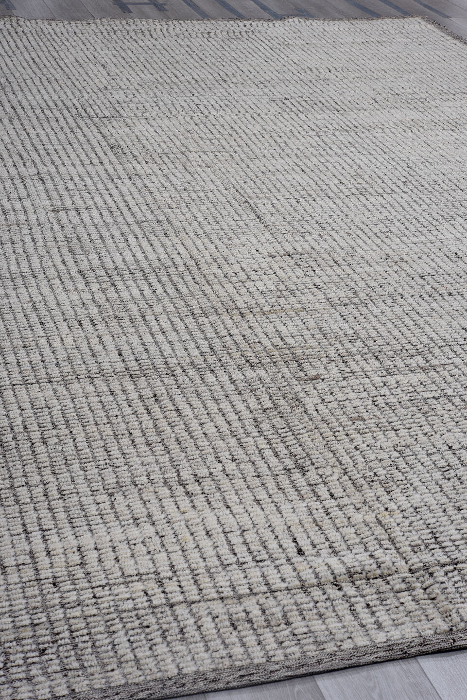 10' x 13' one-of-a-kind handmade vintage Tulu large size rug. Color palette: ivory, gray, charcoal, black