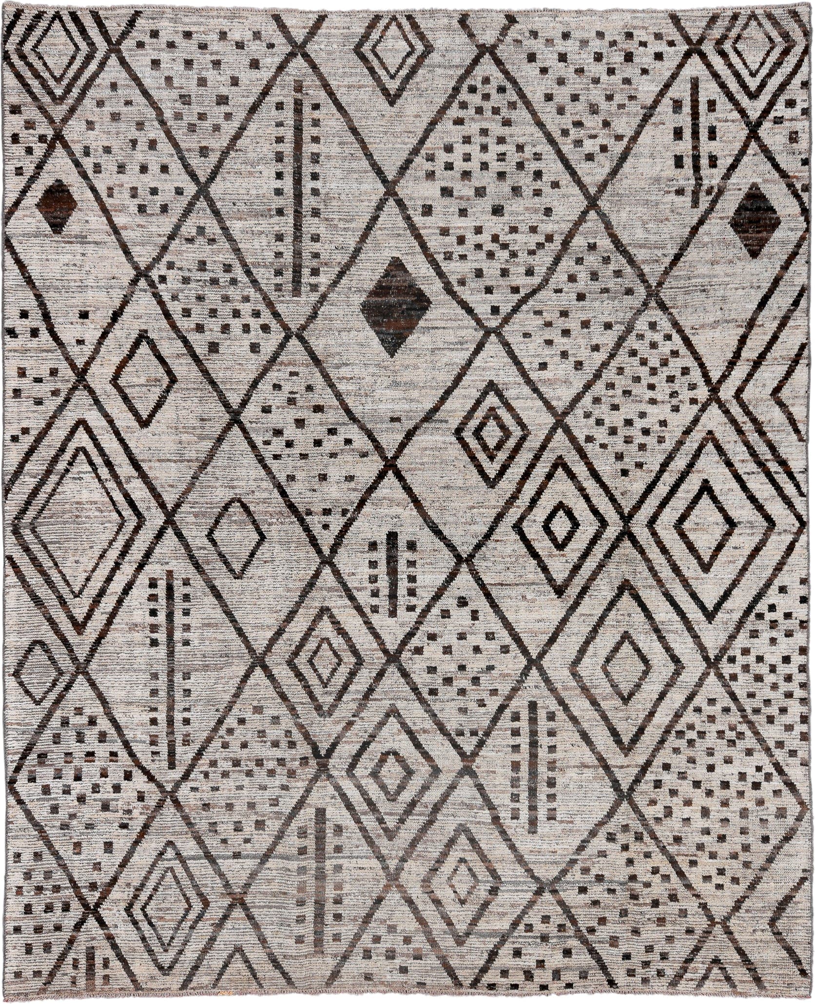 9' x 11' one-of-a-kind handmade vintage Tulu large size rug. Color palette: ivory, brown, taupe, charcoal, beige, gray