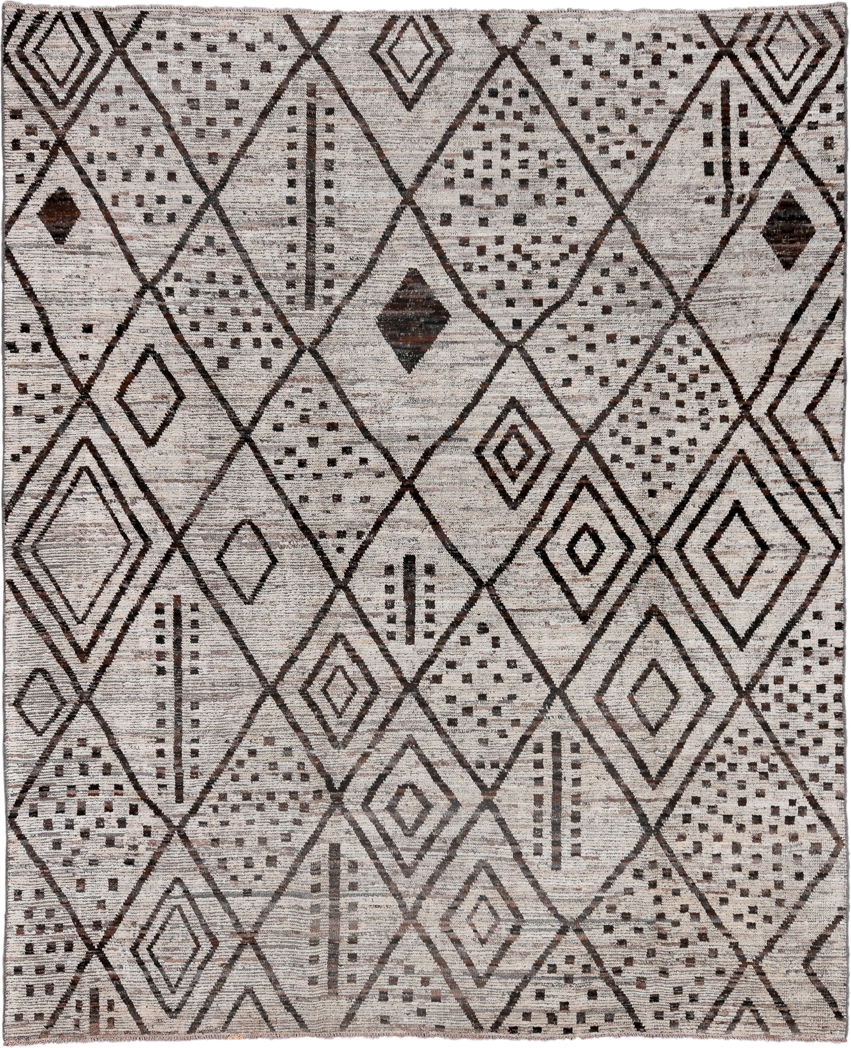 9' x 11' one-of-a-kind handmade vintage Tulu large size rug. Color palette: ivory, brown, taupe, charcoal, beige, gray