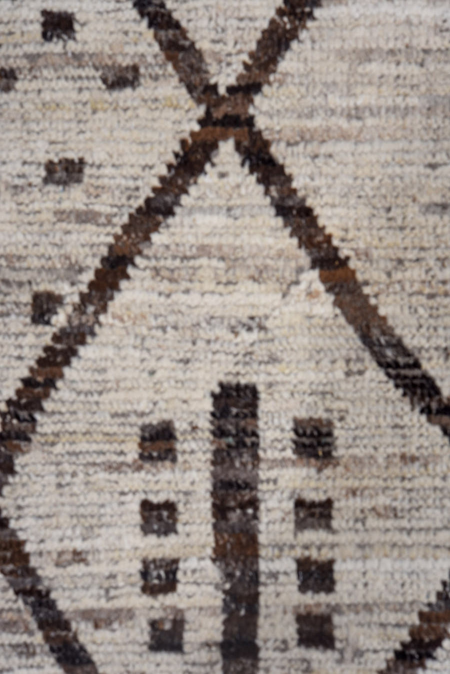 9' x 11' one-of-a-kind handmade vintage Tulu large size rug. Color palette: ivory, brown, taupe, charcoal, beige, gray
