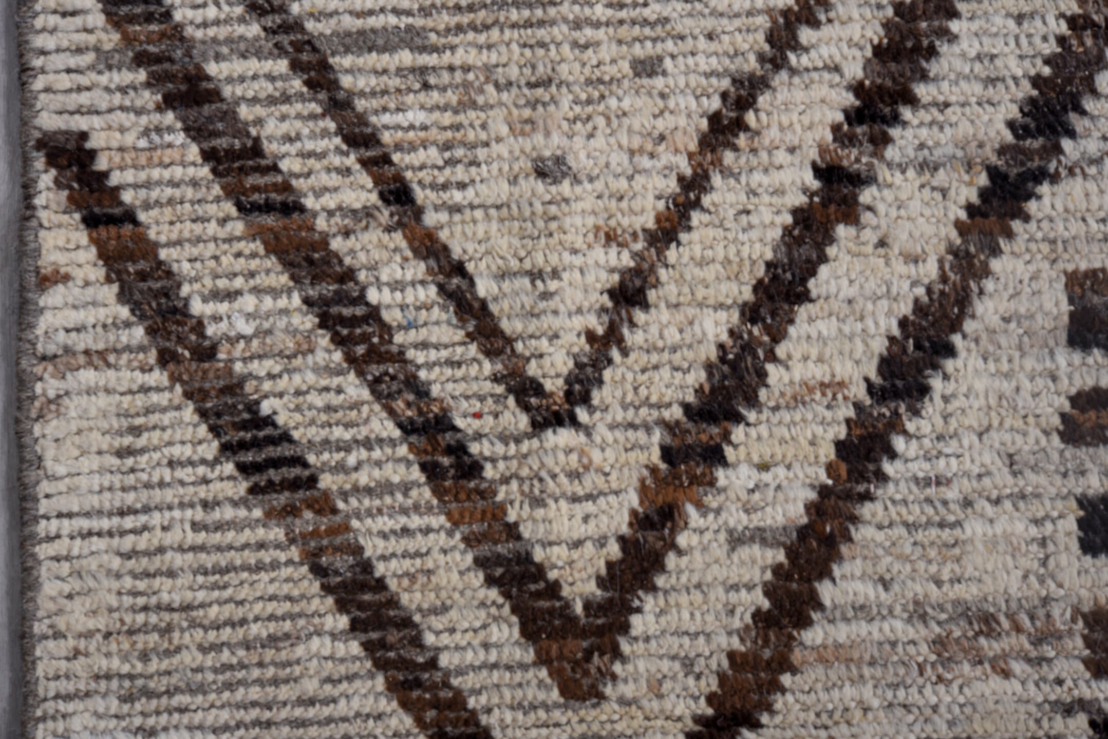 9' x 11' one-of-a-kind handmade vintage Tulu large size rug. Color palette: ivory, brown, taupe, charcoal, beige, gray