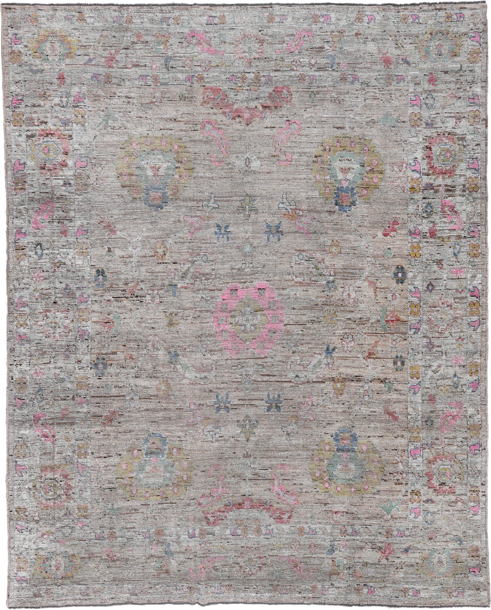 9' x 11' one-of-a-kind handmade vintage Oushak large size rug. Color palette: taupe, ivory, rose, sage, soft blue, gold