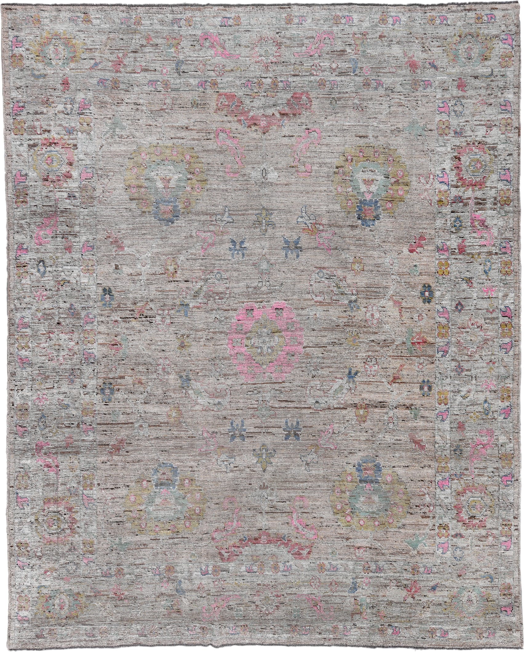 9' x 11' one-of-a-kind handmade vintage Oushak large size rug. Color palette: taupe, ivory, rose, sage, soft blue, gold