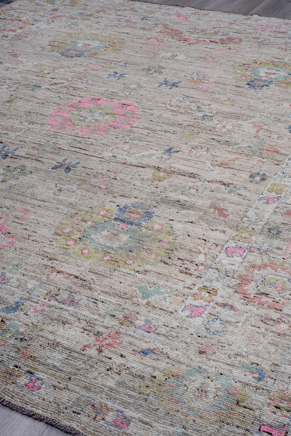 9' x 11' one-of-a-kind handmade vintage Oushak large size rug. Color palette: taupe, ivory, rose, sage, soft blue, gold