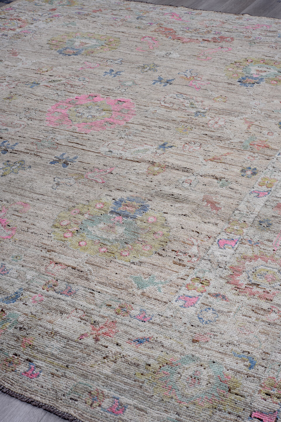 9' x 11' one-of-a-kind handmade vintage Oushak large size rug. Color palette: taupe, ivory, rose, sage, soft blue, gold