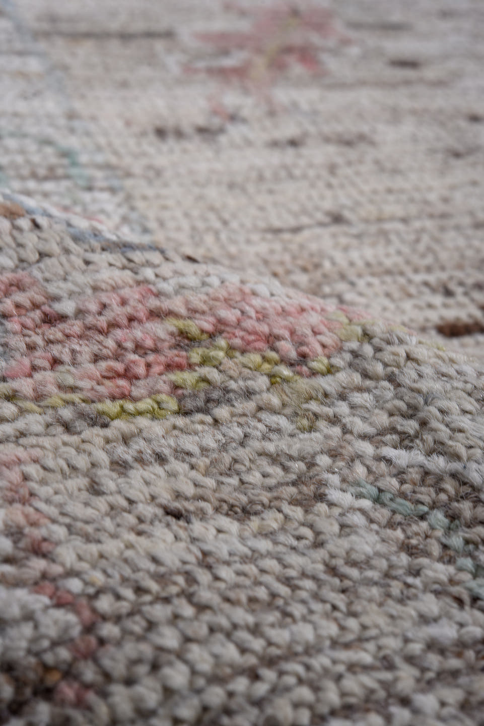 9' x 11' one-of-a-kind handmade vintage Oushak large size rug. Color palette: taupe, ivory, rose, sage, soft blue, gold
