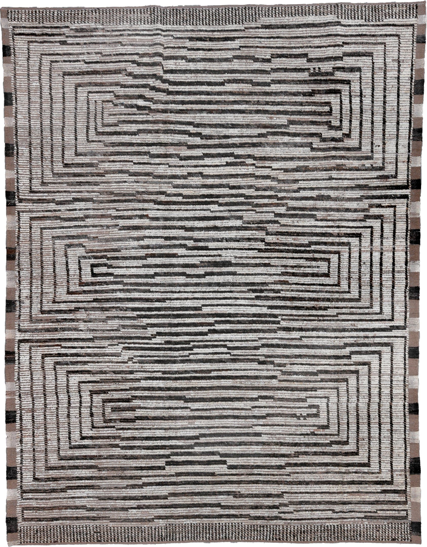 9' x 11' one-of-a-kind handmade vintage Tulu large size rug. Color palette: ivory, taupe, charcoal, brown, cream, black