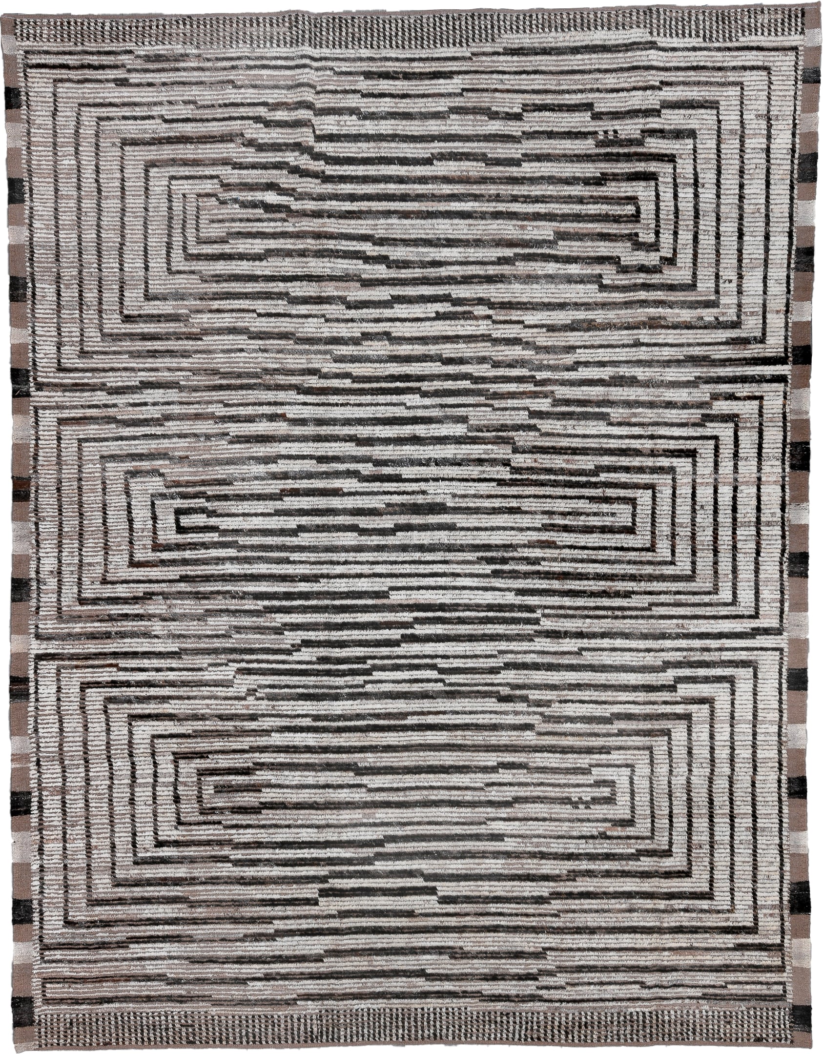 9' x 11' one-of-a-kind handmade vintage Tulu large size rug. Color palette: ivory, taupe, charcoal, brown, cream, black