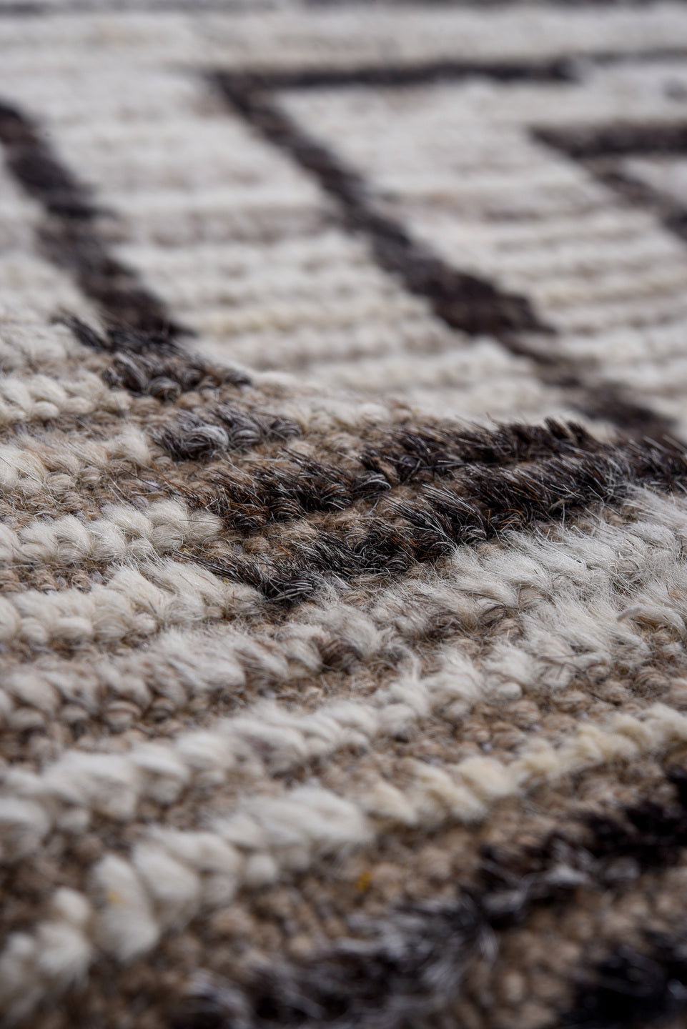 9' x 11' one-of-a-kind handmade vintage Tulu large size rug. Color palette: ivory, taupe, charcoal, brown, cream, black