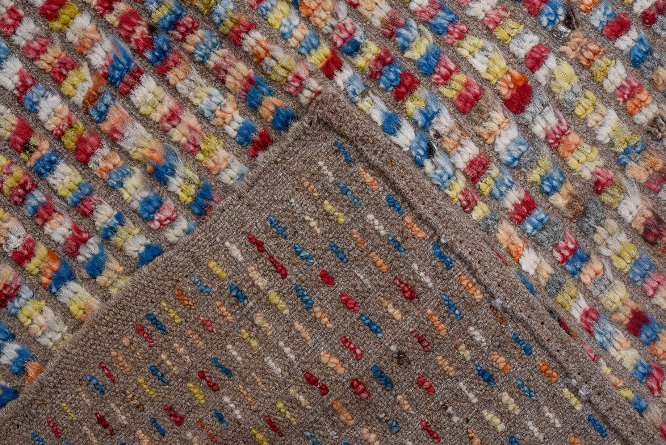 5' x 8' one-of-a-kind handmade vintage Oushak medium size rug. Color palette: taupe, ivory, blue, coral, pink, yellow