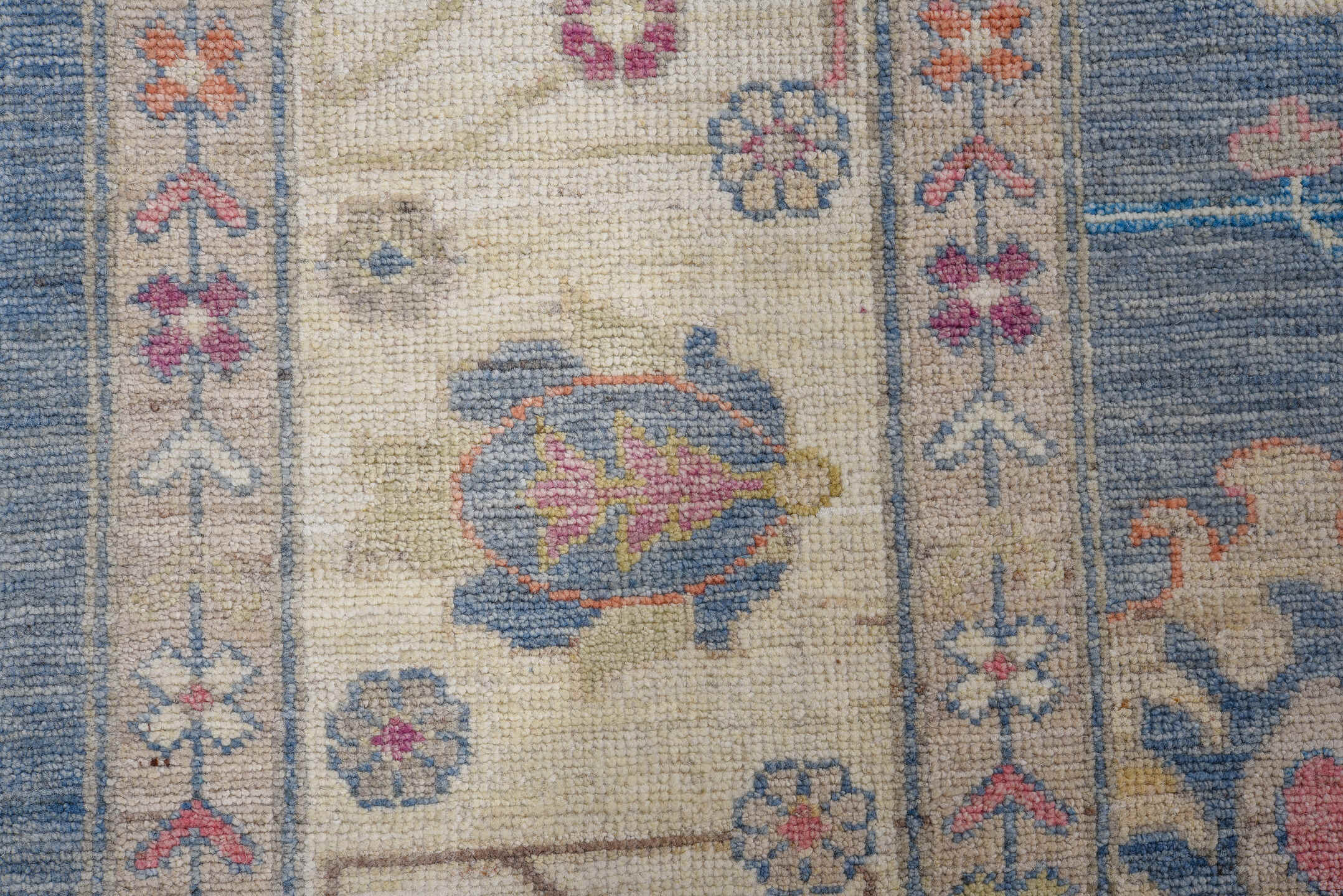 8' x 9' one-of-a-kind handmade vintage Oushak large size rug. Color palette: blue, ivory, rose, gold, sage, taupe, coral