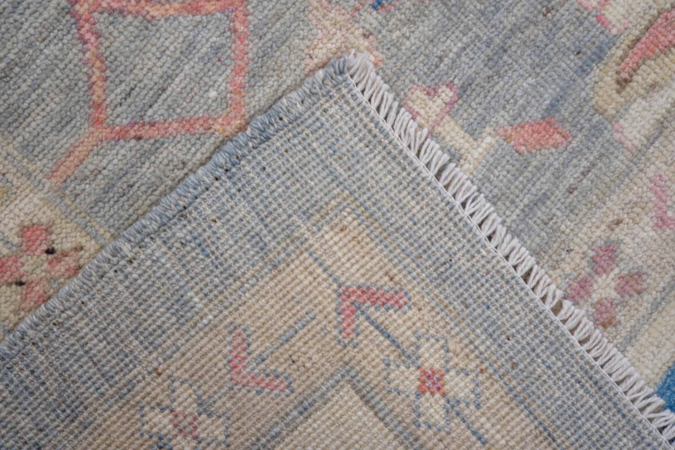 8' x 9' one-of-a-kind handmade vintage Oushak large size rug. Color palette: blue, ivory, rose, gold, sage, taupe, coral