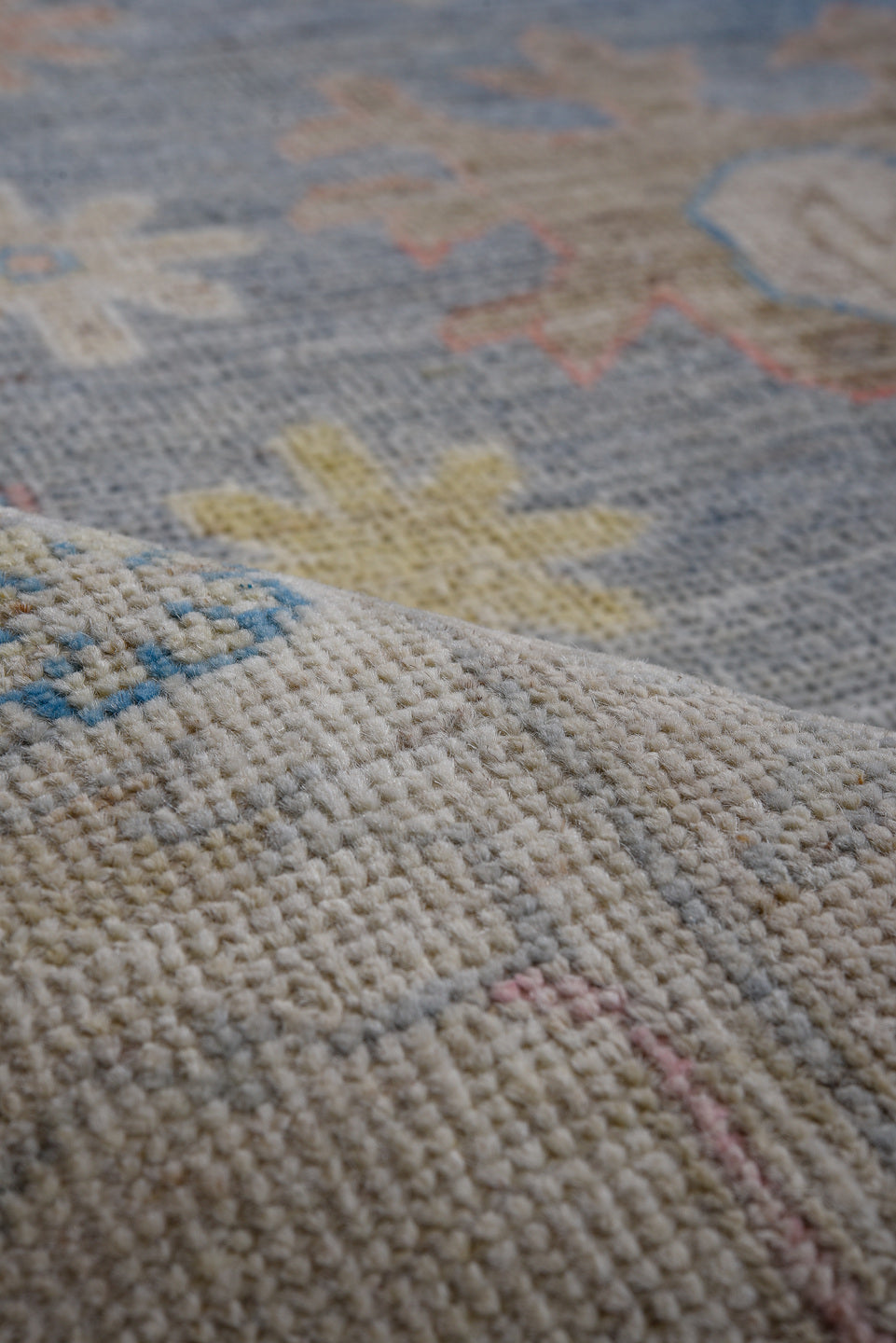 8' x 9' one-of-a-kind handmade vintage Oushak large size rug. Color palette: blue, ivory, rose, gold, sage, taupe, coral