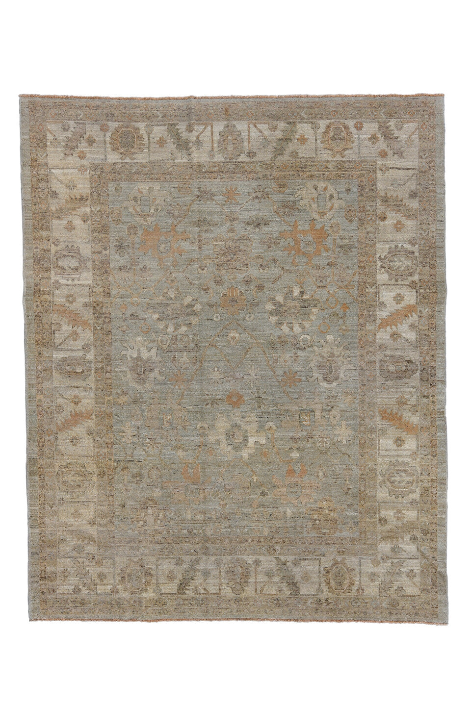 7' x 9' one-of-a-kind handmade vintage Oushak rug. Color palette: brown, gray, light gray, off-white