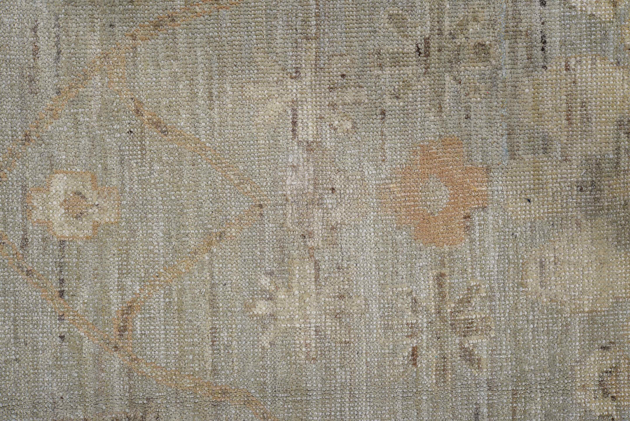 7' x 9' one-of-a-kind handmade vintage Oushak rug. Color palette: brown, gray, light gray, off-white